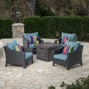 Outdoor 5 Piece Wicker Water Resistant Cushion Chat Set with Fire Pit - NH053303 outdoor furniture, garden bench