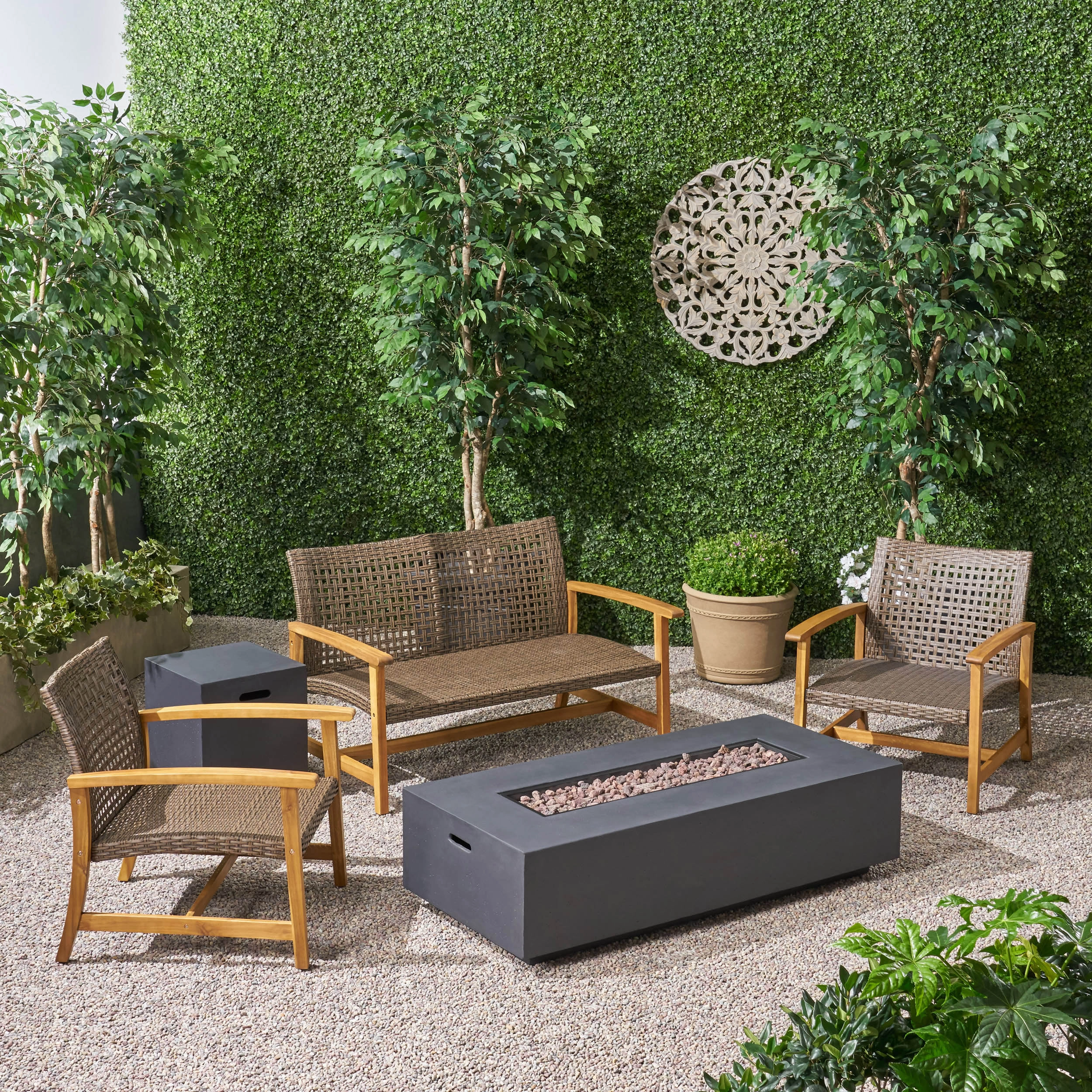 Outdoor 5 Piece Wood and Wicker Chat Set with Fire Pit - NH261803