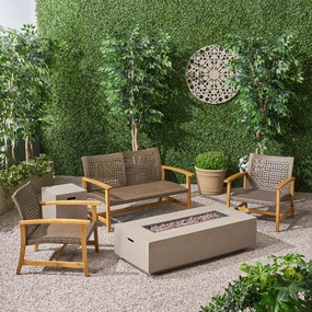 Outdoor 5 Piece Wood and Wicker Chat Set with Fire Pit - NH261803 outdoor furniture, garden bench