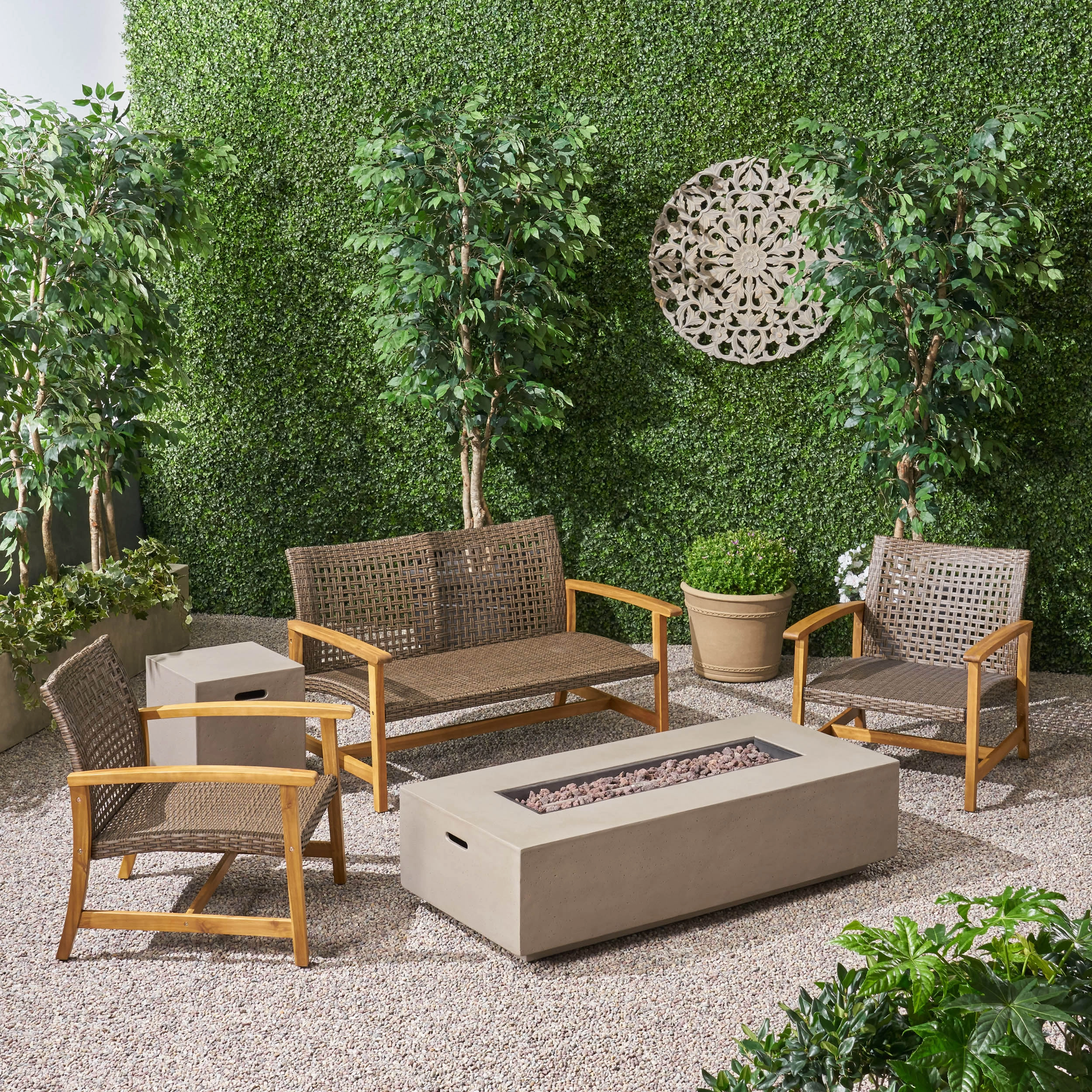 Outdoor 5 Piece Wood and Wicker Chat Set with Fire Pit - NH261803 outdoor furniture, garden bench