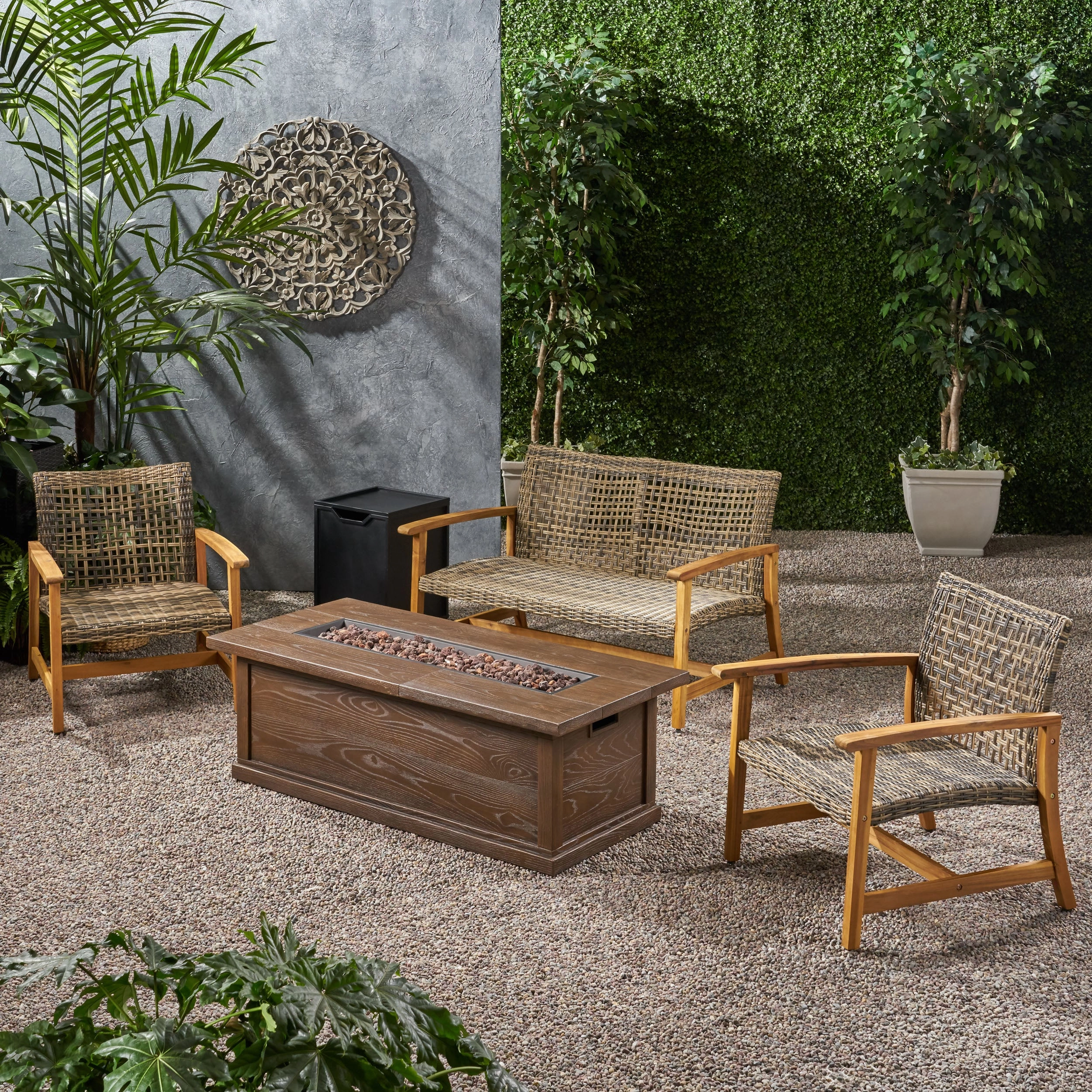 Outdoor 5 Piece Wood and Wicker Chat Set with Fire Pit - NH951803