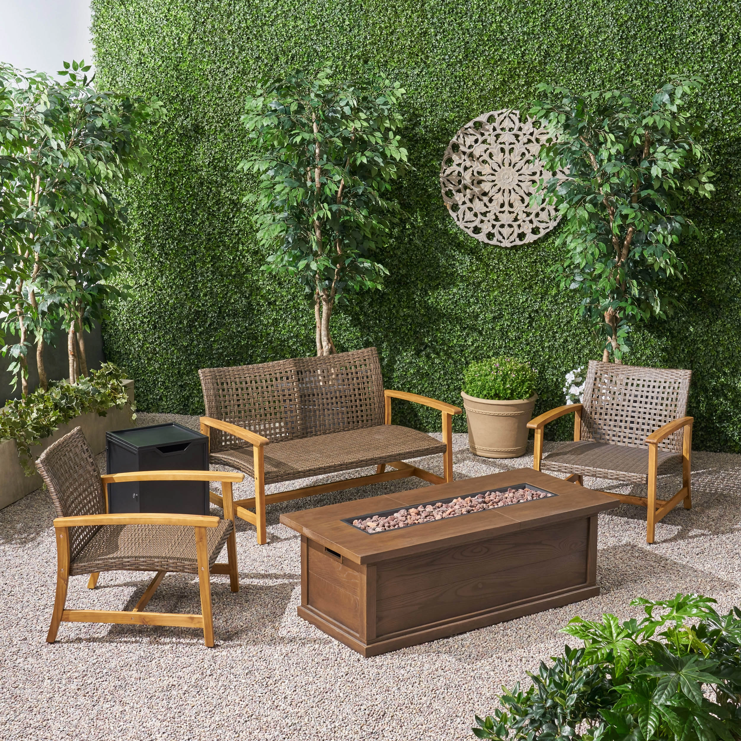 Outdoor 5 Piece Wood and Wicker Chat Set with Fire Pit - NH951803 outdoor furniture, garden bench