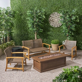 Outdoor 5 Piece Wood and Wicker Chat Set with Fire Pit - NH951803 outdoor furniture, garden bench