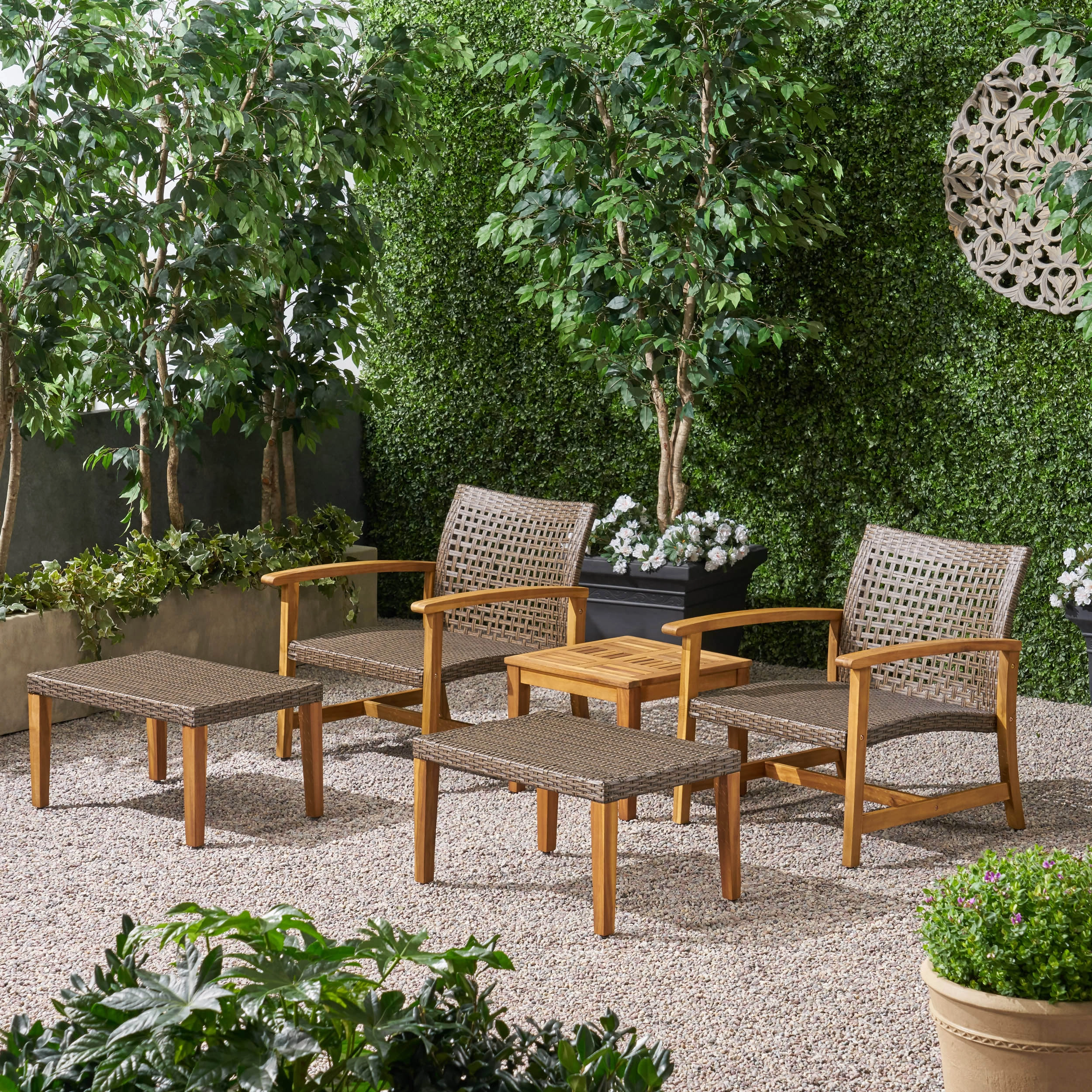 Outdoor 5 Piece Wood and Wicker Club Chair and Ottoman Set - NH751803 outdoor furniture, garden bench