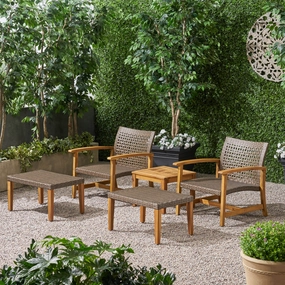 Outdoor 5 Piece Wood and Wicker Club Chair and Ottoman Set - NH751803 outdoor furniture, garden bench