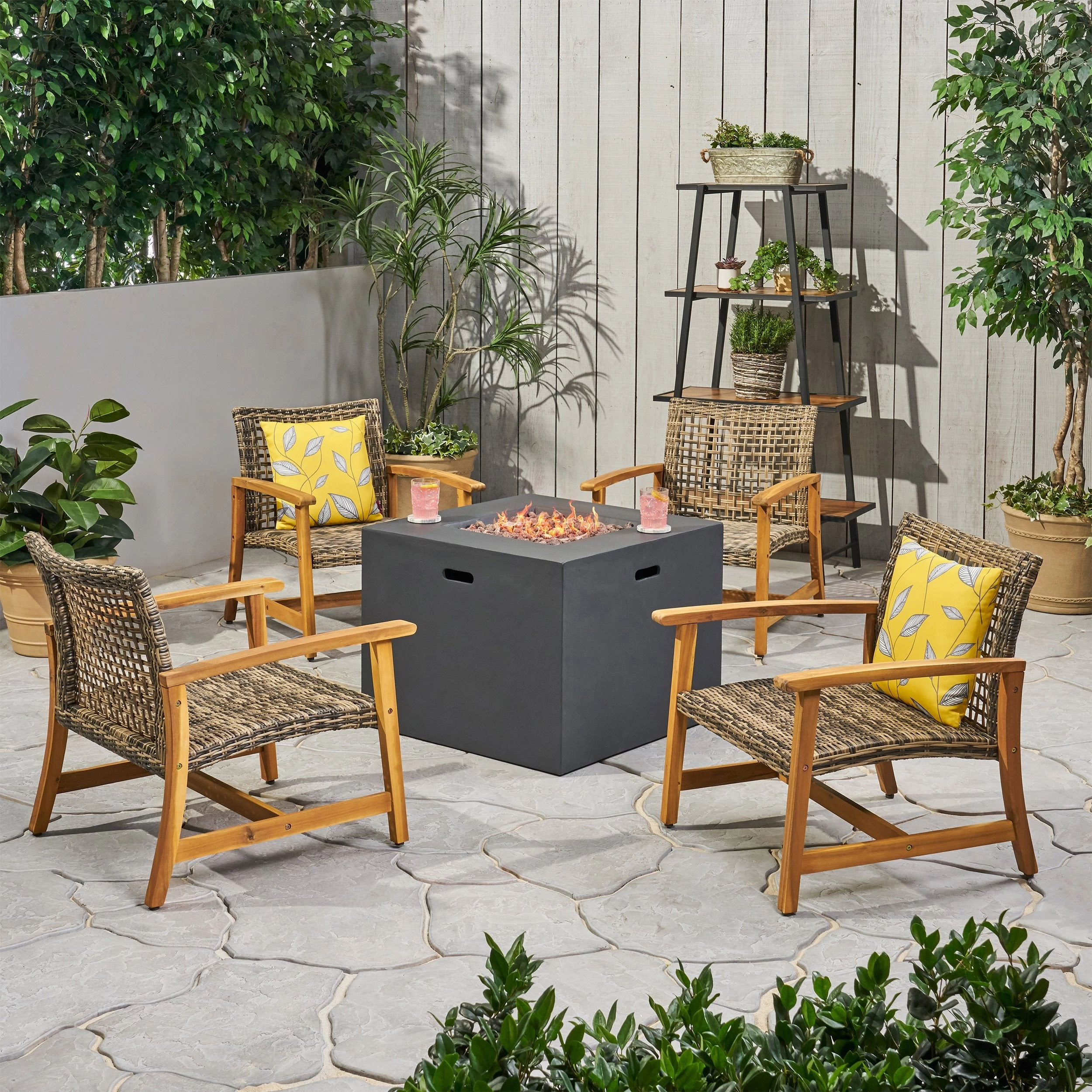Outdoor 5 Piece Wood and Wicker Club Chairs and Fire Pit Set - NH051803 outdoor furniture, garden bench