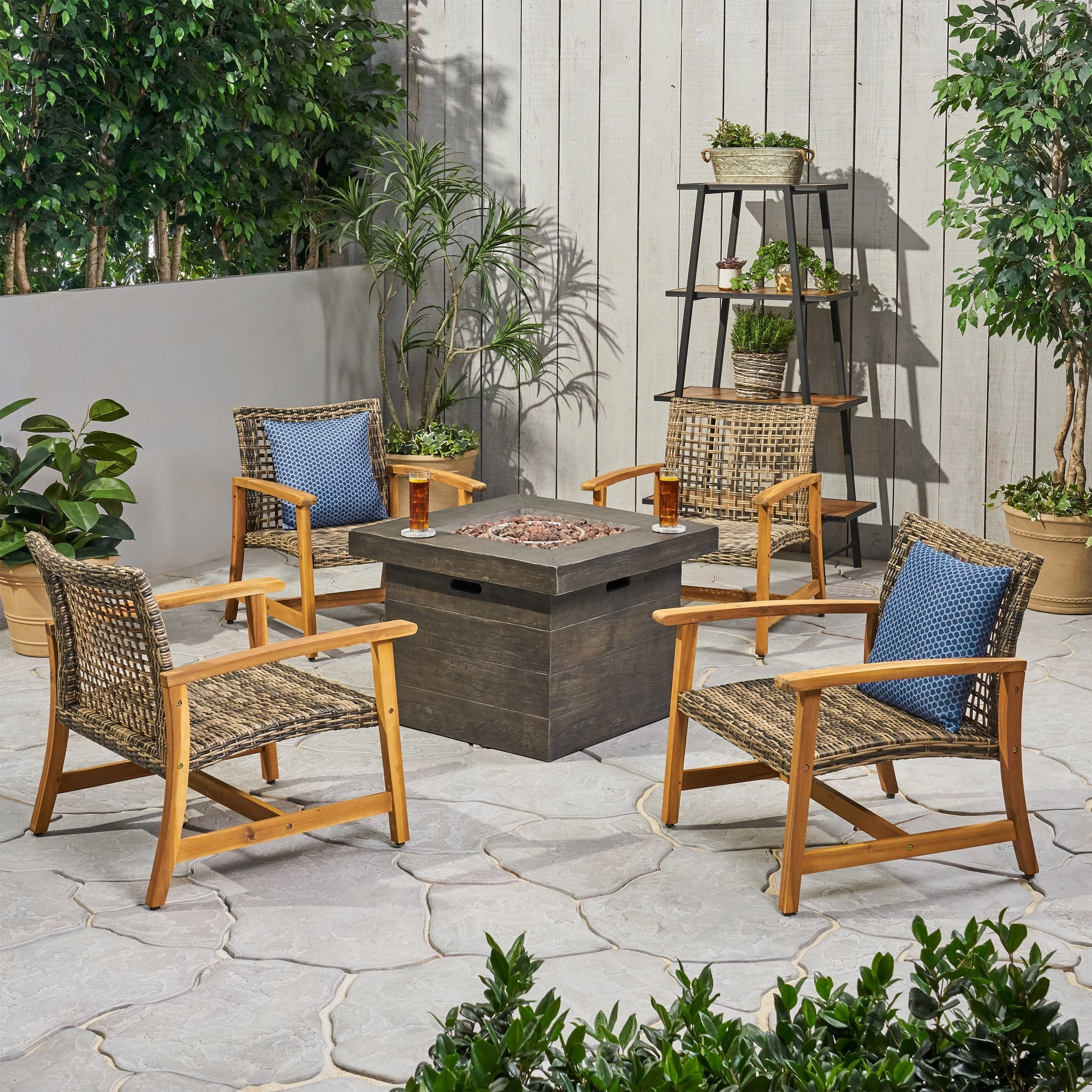 Outdoor 5 Piece Wood and Wicker Club Chairs and Fire Pit Set - NH651803 outdoor furniture, garden bench