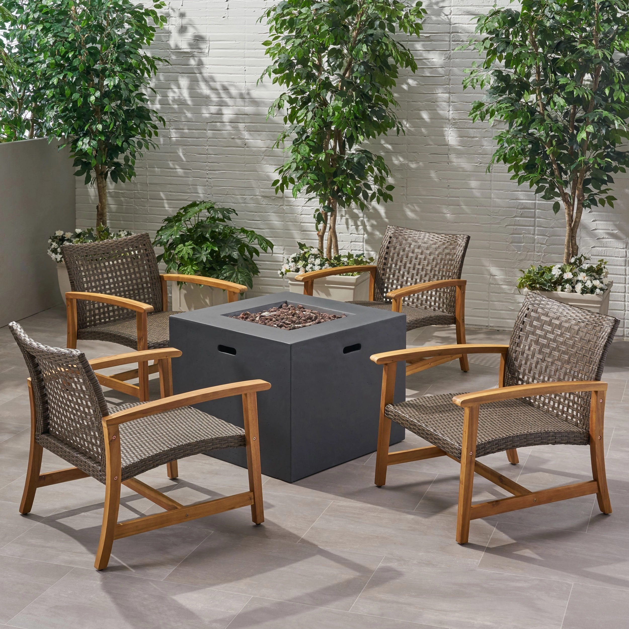 Outdoor 5 Piece Wood and Wicker Club Chairs and Fire Pit Set - NH841803 outdoor furniture, garden bench