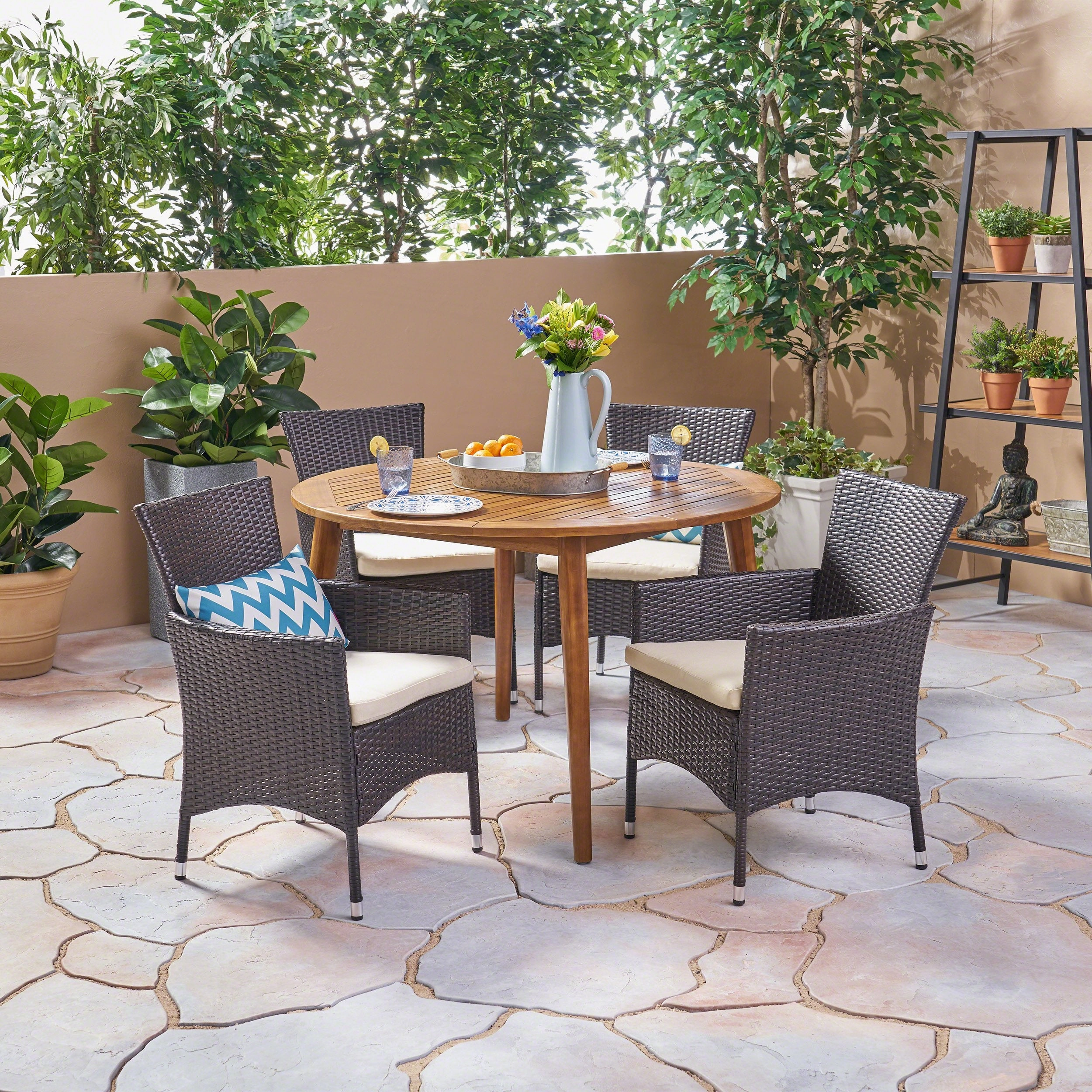 Outdoor 5 Piece Wood and Wicker Dining Set - NH162503