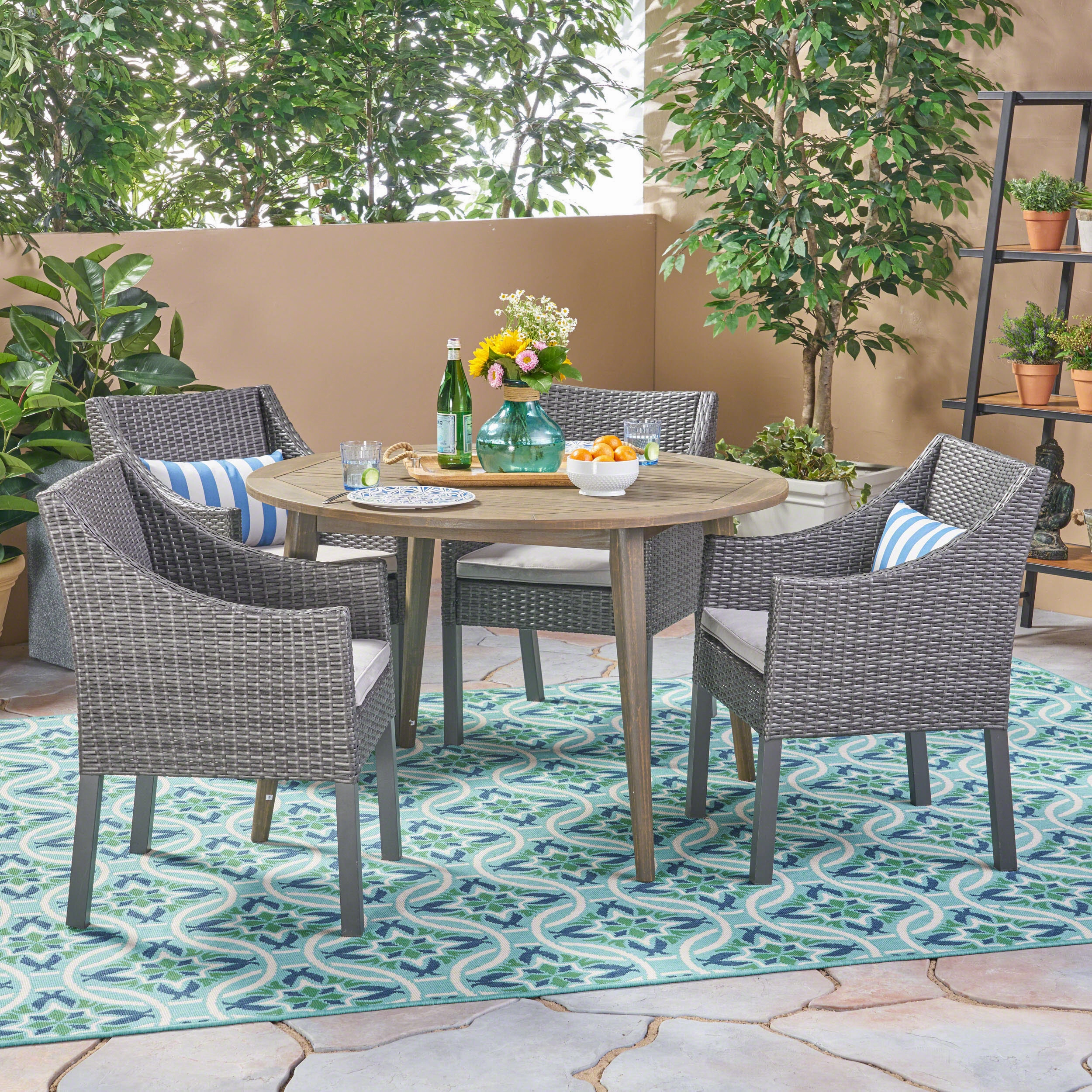 Outdoor 5 Piece Wood and Wicker Dining Set - NH262503 outdoor lounge chair, patio sofa