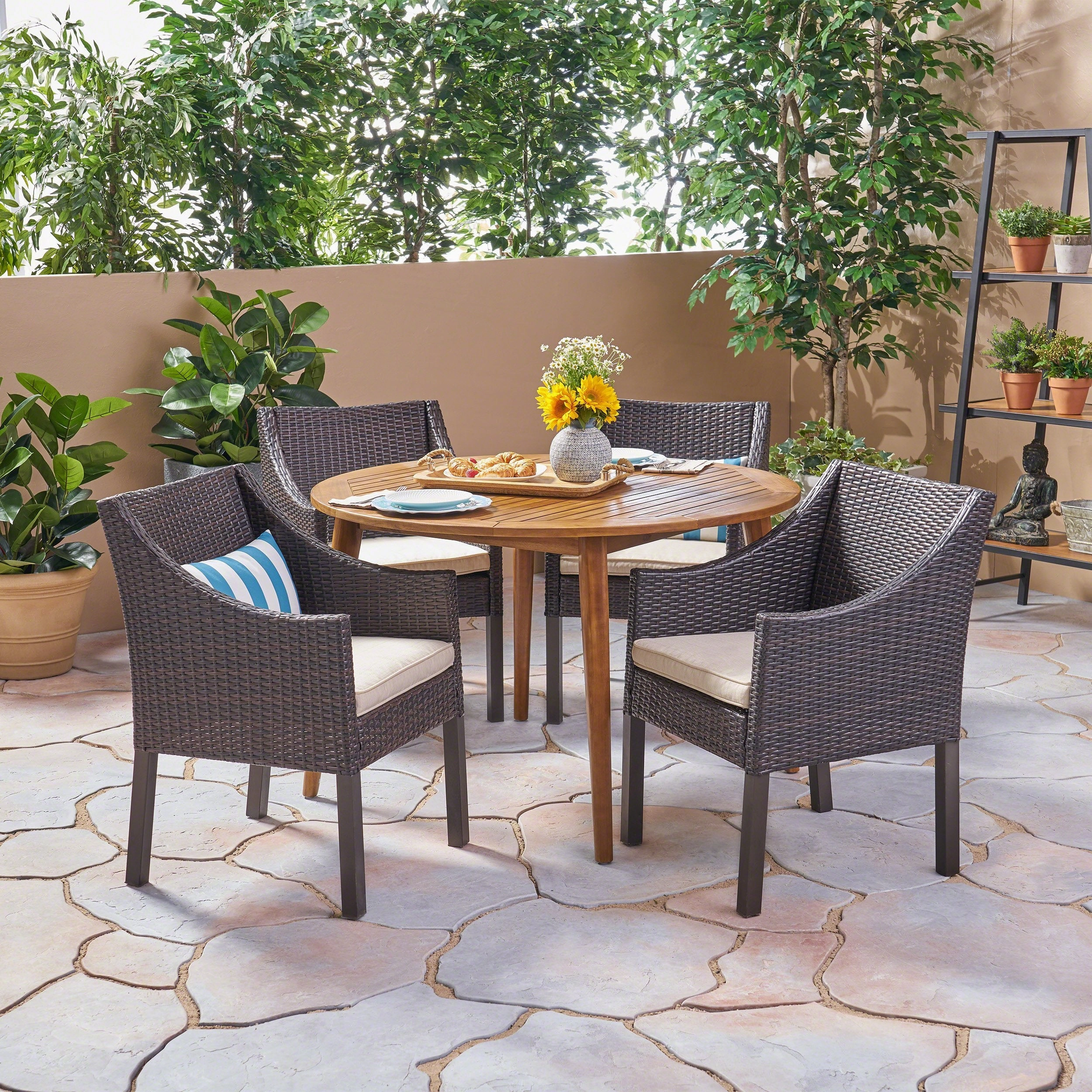 Outdoor 5 Piece Wood and Wicker Dining Set - NH262503