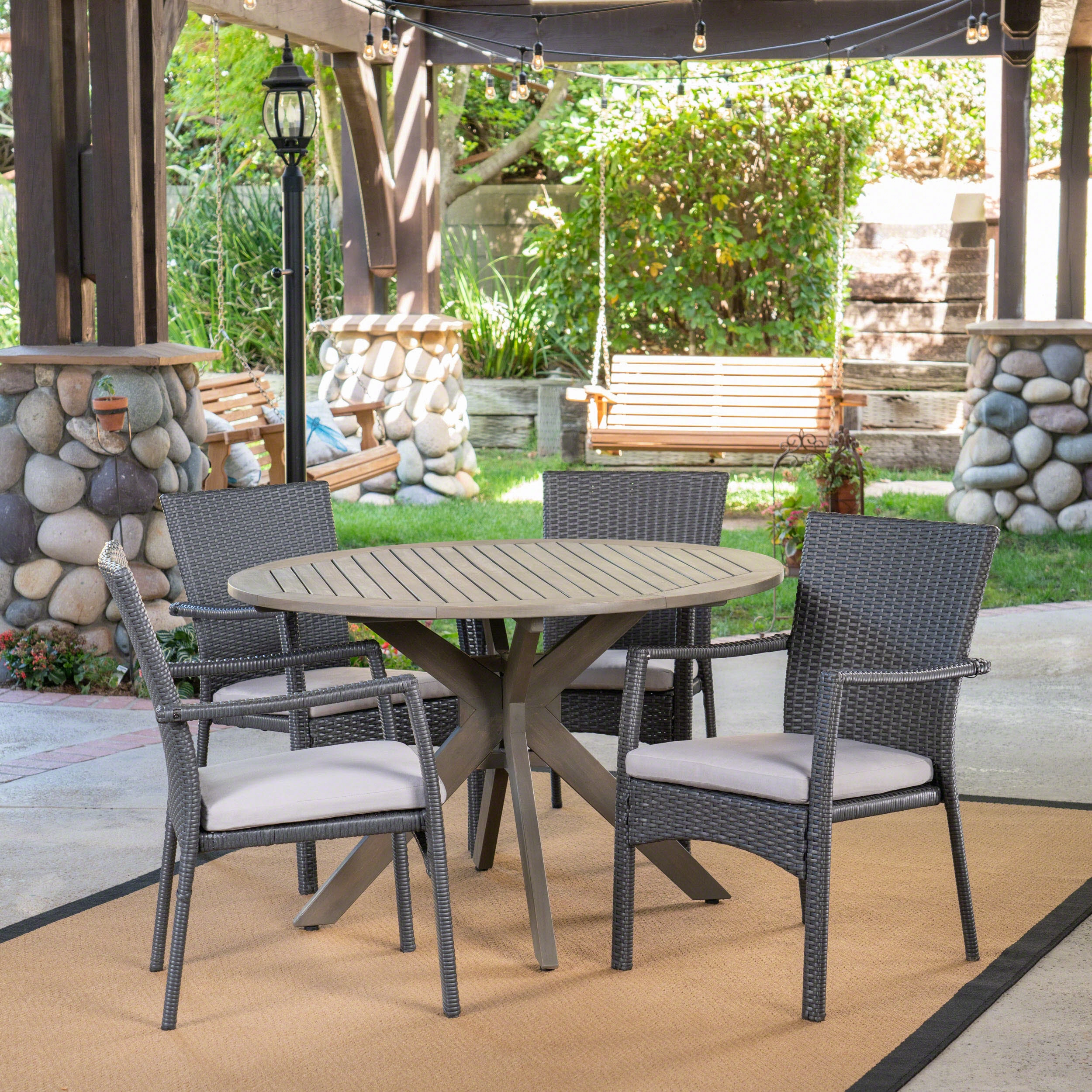 Outdoor 5 Piece Wood and Wicker Dining Set, Gray and Gray - NH011503 outdoor lounge chair, patio sofa