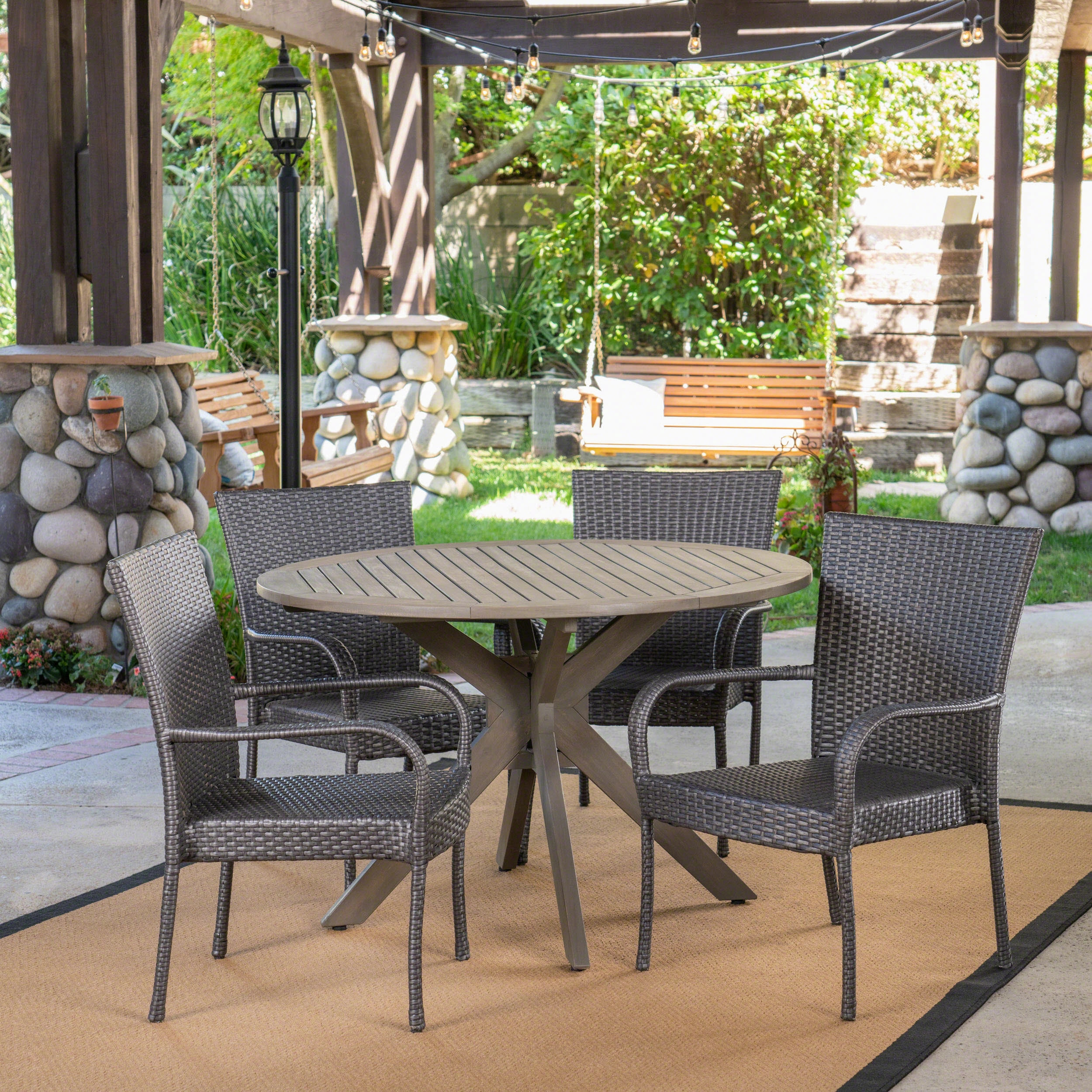 Outdoor 5 Piece Wood and Wicker Dining Set, Gray and Gray - NH701503 outdoor lounge chair, patio sofa