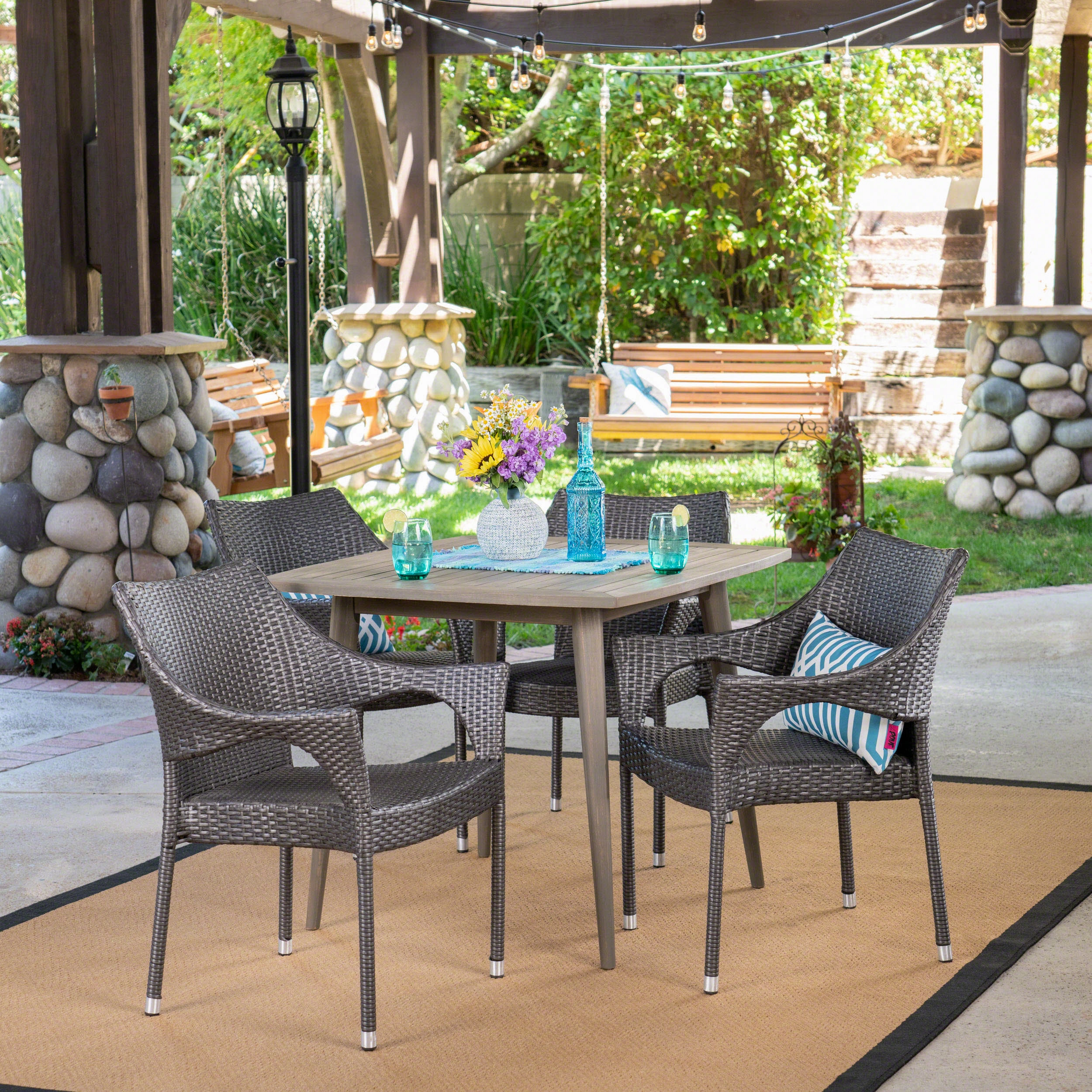 Outdoor 5 Piece Wood and Wicker Dining Set, Gray and Gray - NH811503 outdoor lounge chair, patio sofa