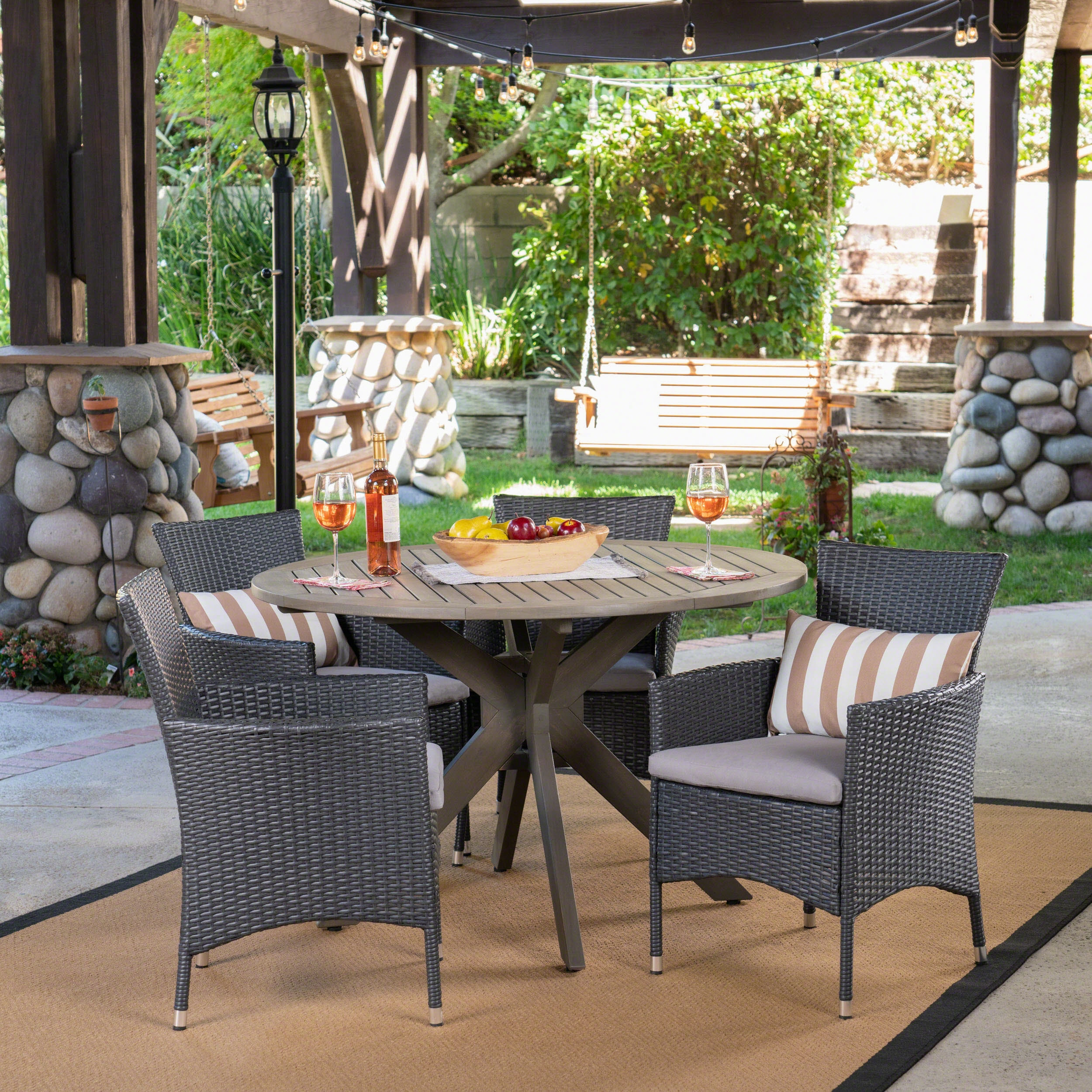 Outdoor 5 Piece Wood and Wicker Dining Set, Gray and Gray - NH901503 outdoor lounge chair, patio sofa