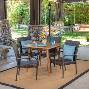 Outdoor 5 Piece Wood and Wicker Dining Set, Teak and Multi Brown - NH211503 outdoor lounge chair, patio sofa
