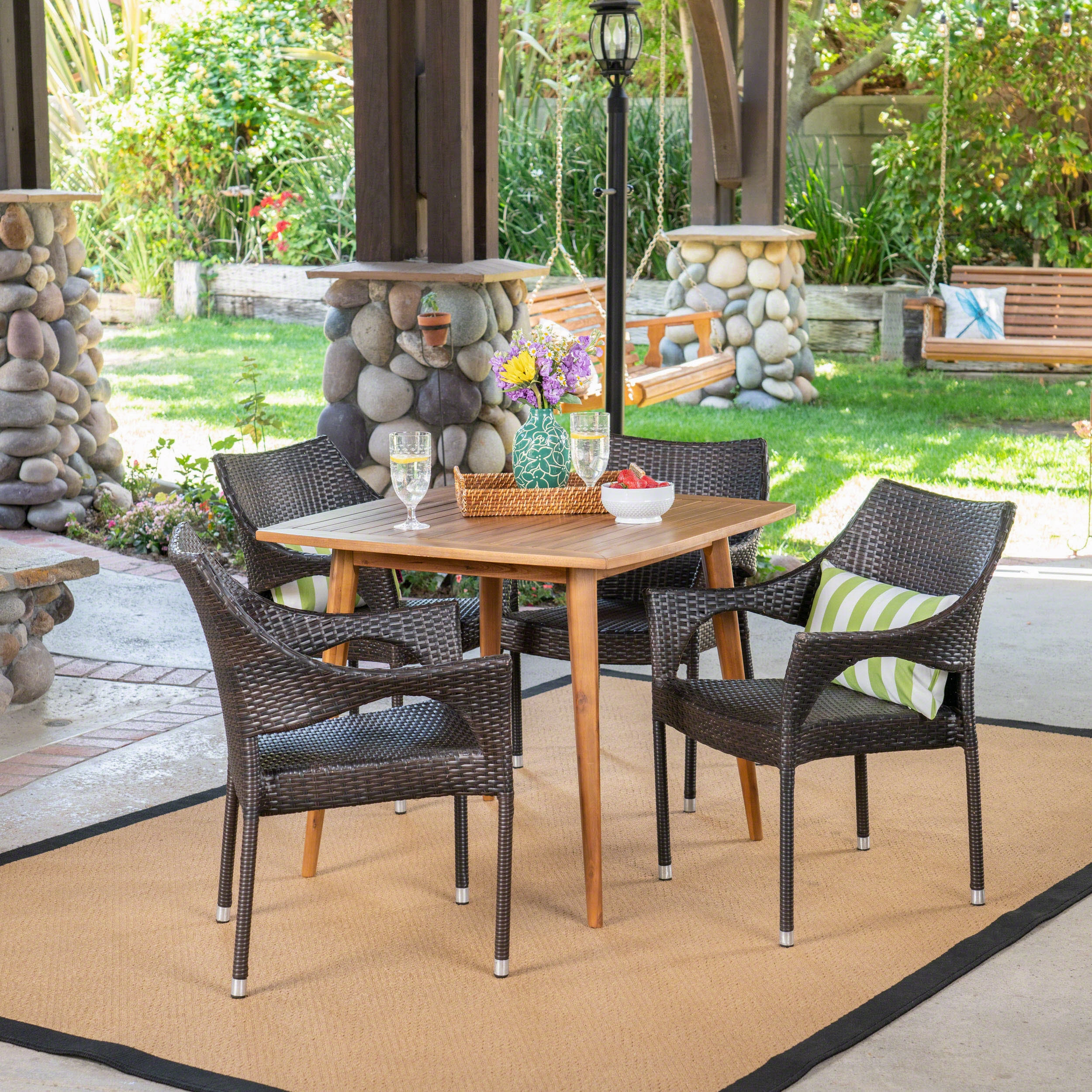 Outdoor 5 Piece Wood and Wicker Dining Set, Teak and Multi Brown - NH311503 outdoor lounge chair, patio sofa