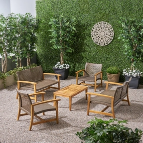 Outdoor 5 Piece Wood and Wicker Loveseat Chat Set - NH071803 outdoor furniture, garden bench