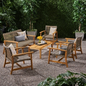 Outdoor 5 Piece Wood and Wicker Loveseat Chat Set - NH271803 outdoor furniture, garden bench