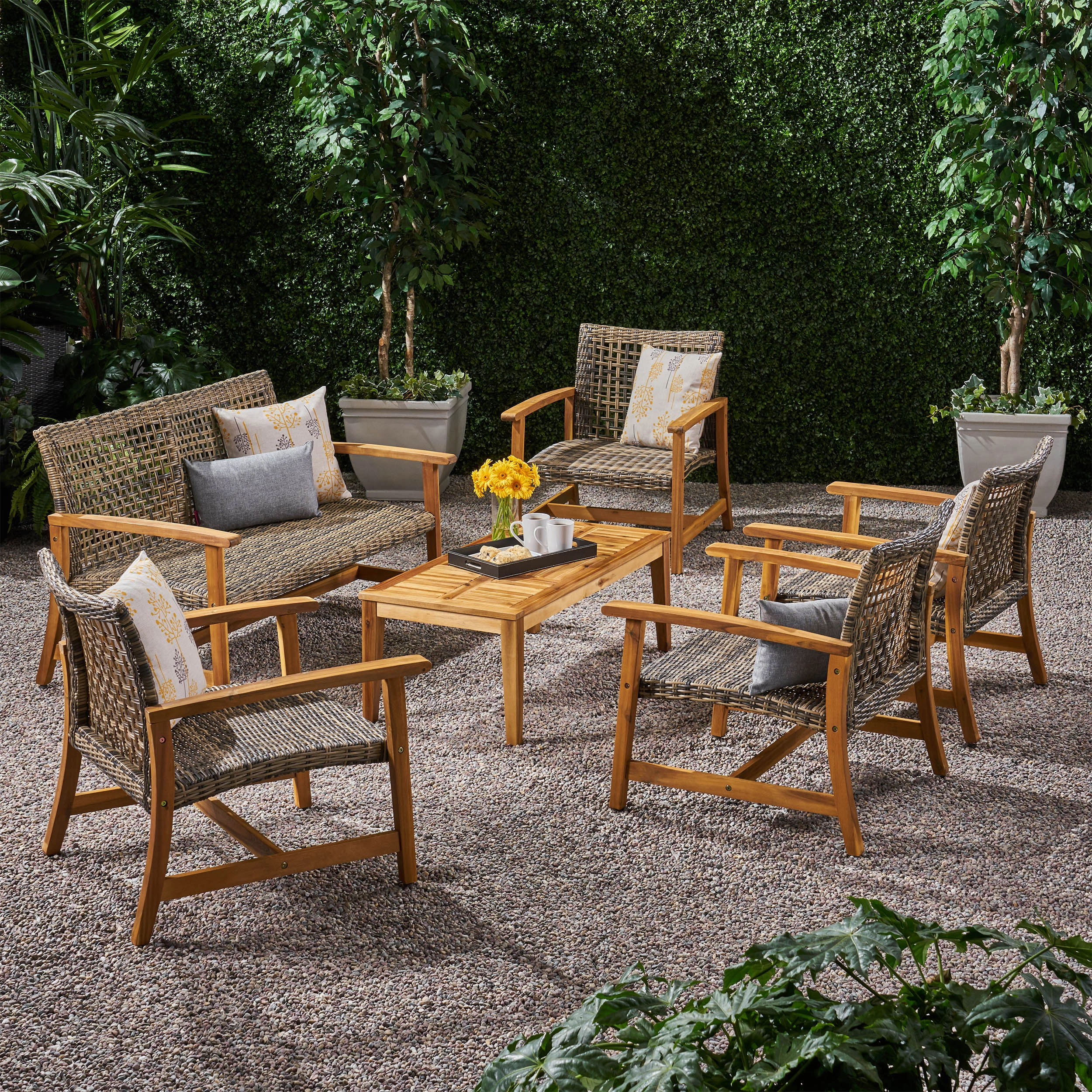 Outdoor 5 Piece Wood and Wicker Loveseat Chat Set - NH271803 outdoor furniture, garden bench