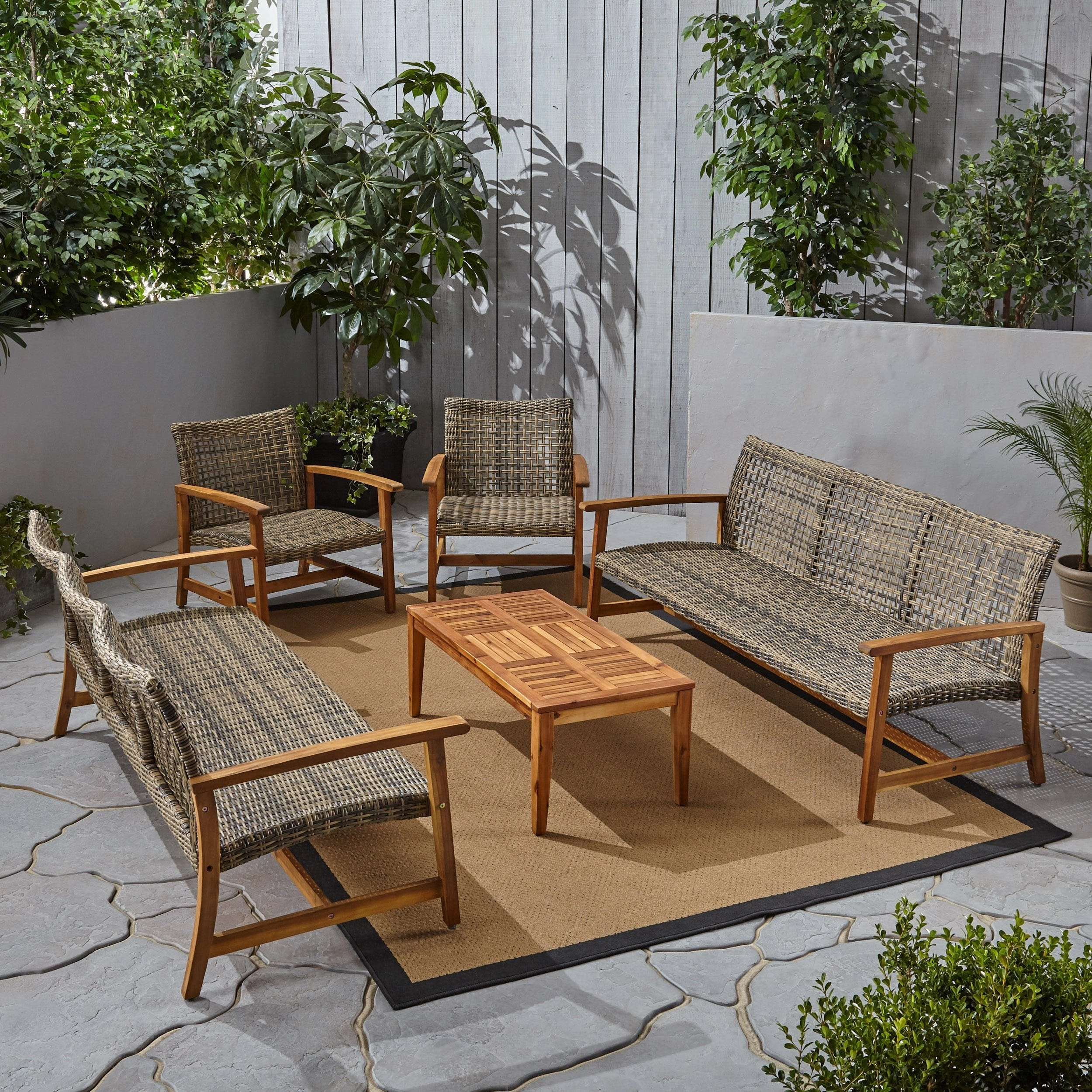 Outdoor 5 Piece Wood and Wicker Sofa Chat Set - NH091803