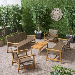 Outdoor 5 Piece Wood and Wicker Sofa Chat Set - NH091803 outdoor furniture, garden bench