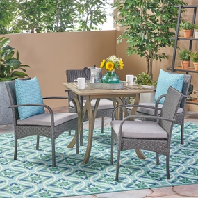 Outdoor 5 Piece Wood and Wicker Square Dining Set, Gray and Gray - NH122503 outdoor lounge chair, patio sofa