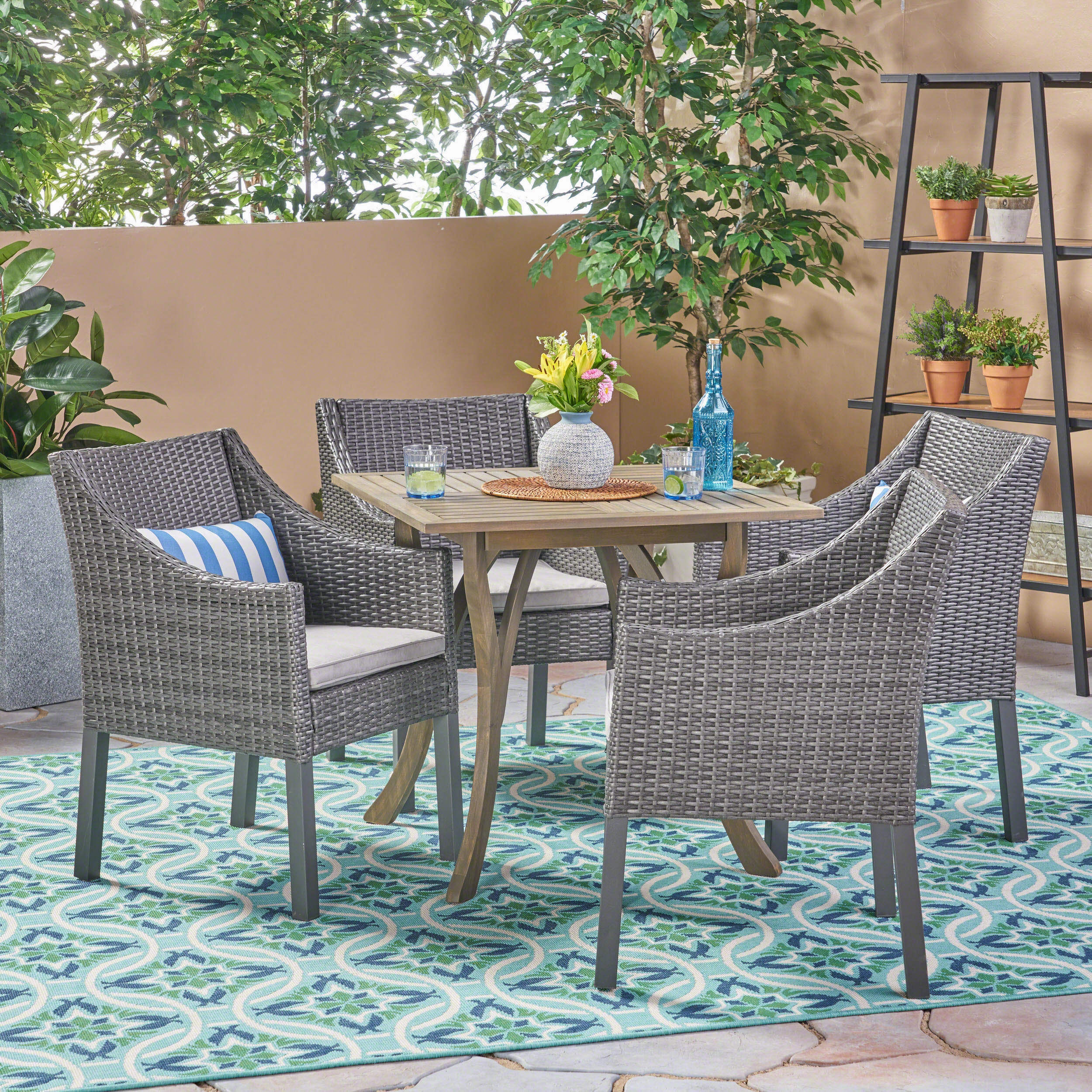 Outdoor 5 Piece Wood and Wicker Square Dining Set, Gray and Gray - NH222503 outdoor lounge chair, patio sofa