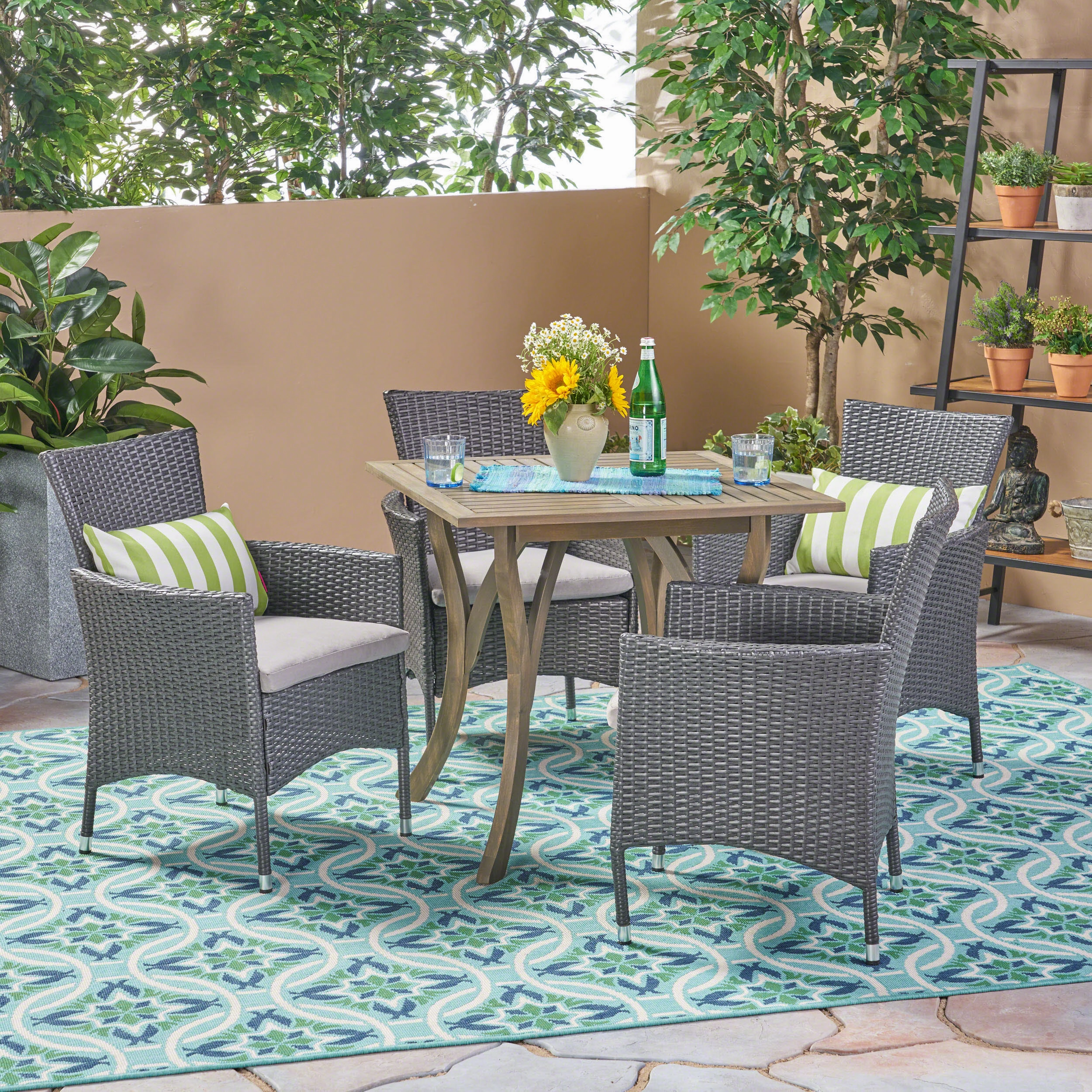 Outdoor 5 Piece Wood and Wicker Square Dining Set, Gray and Gray - NH912503 outdoor lounge chair, patio sofa