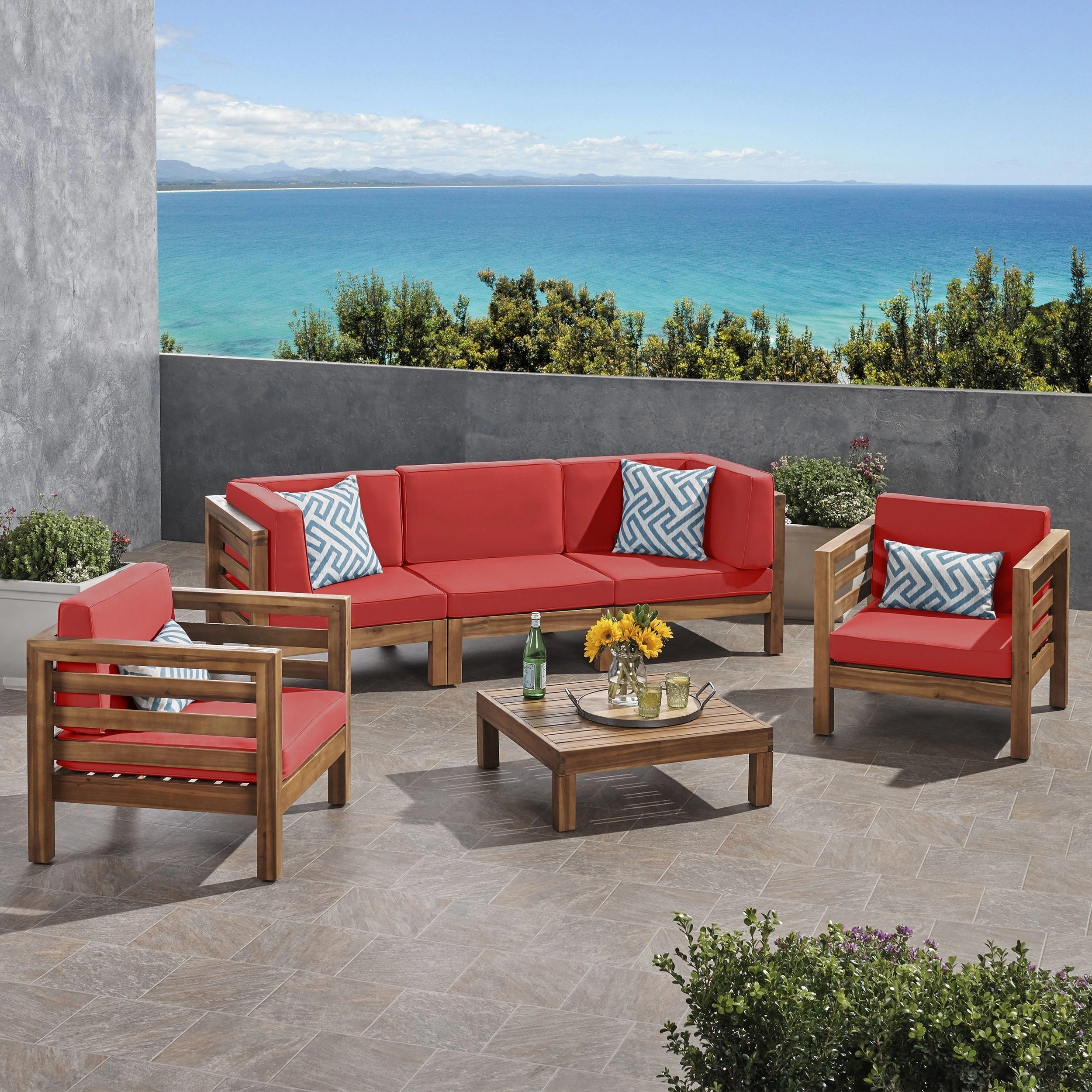 Outdoor 5 Seater Acacia Wood Sofa Chat Set - NH954803