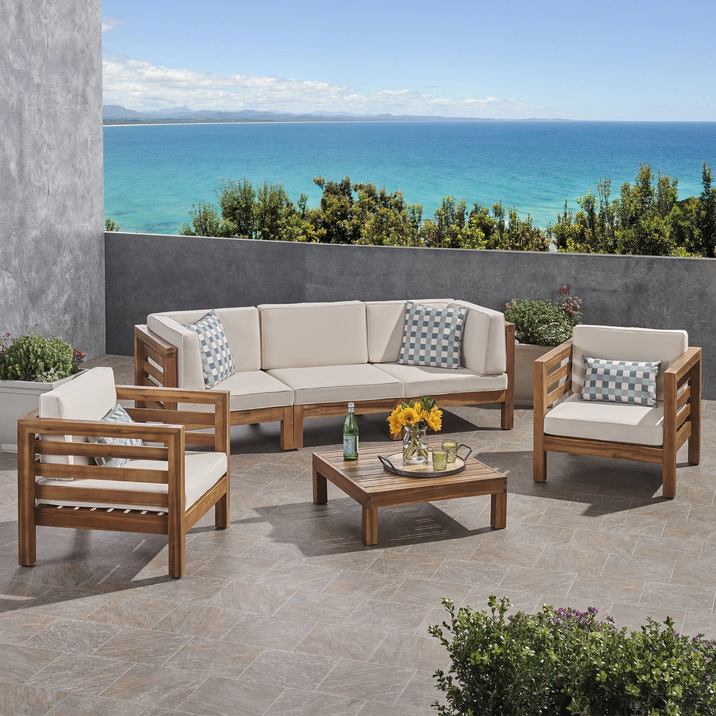 Outdoor 5 Seater Acacia Wood Sofa Chat Set - NH954803