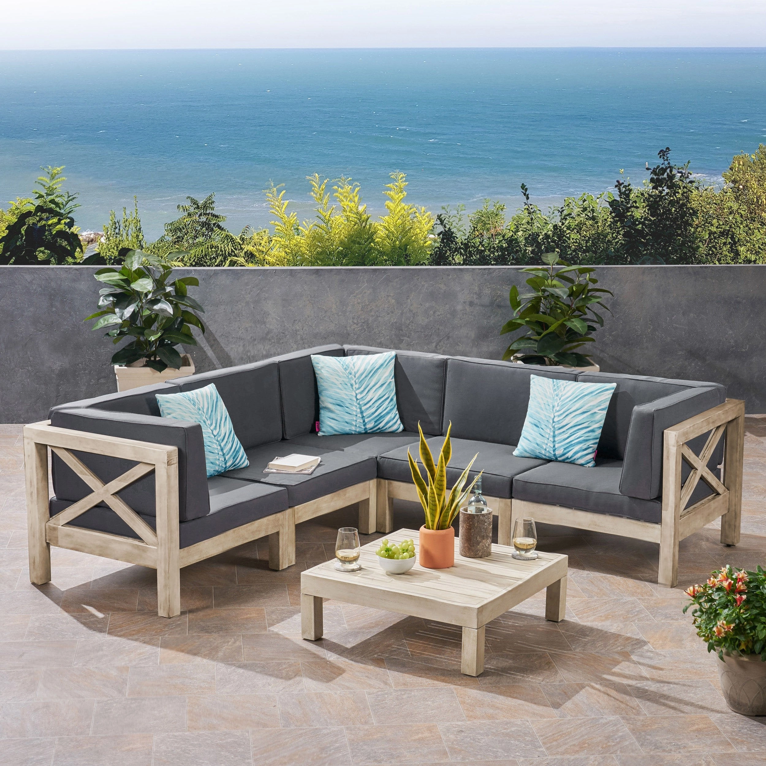 Outdoor 5-Seater Gray Acacia Wood Sectional Sofa Set with Coffee Table - NH717603 outdoor furniture, garden bench
