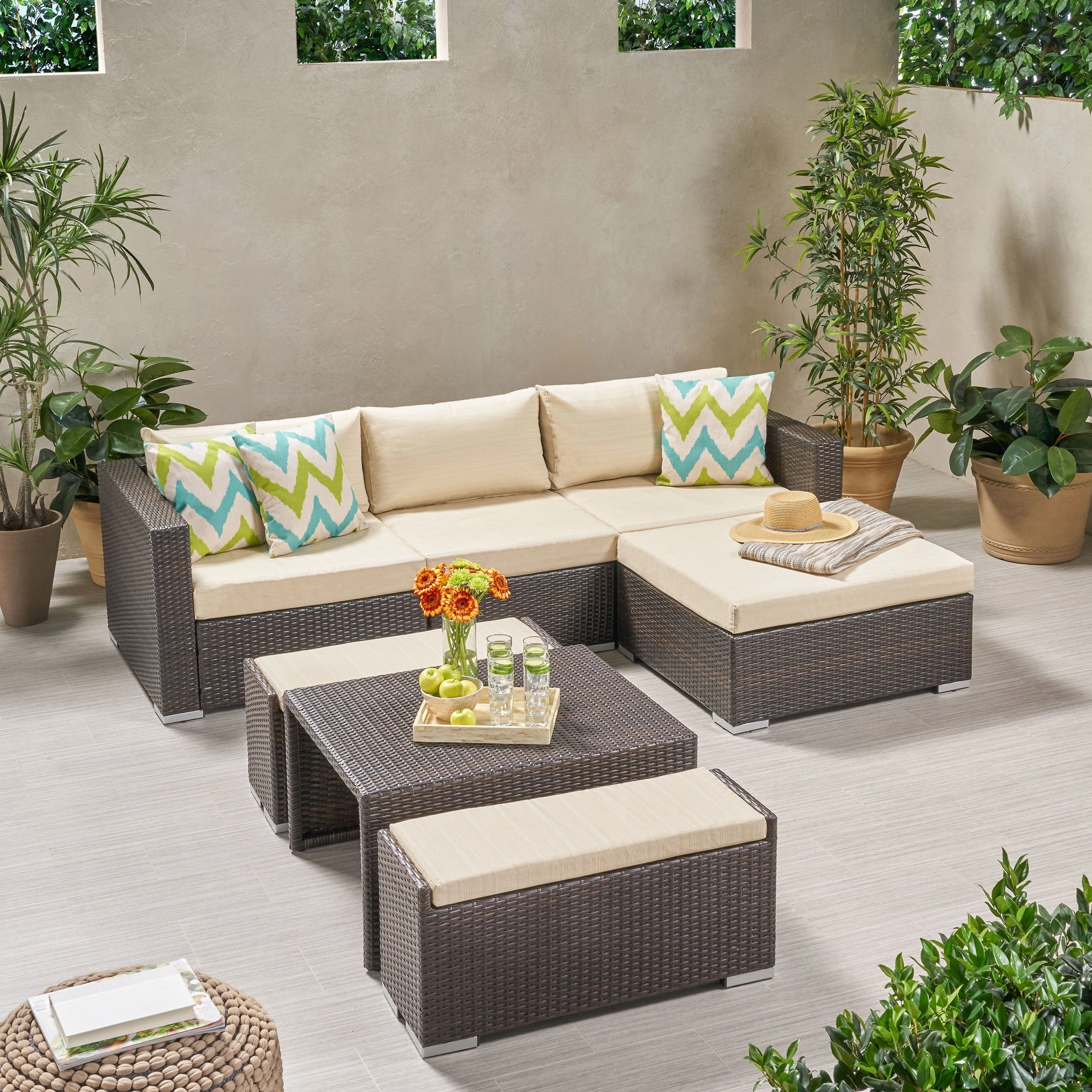 Outdoor 5 Seater L Shaped Wicker Sofa and Ottoman Set - NH759903 outdoor furniture, garden bench