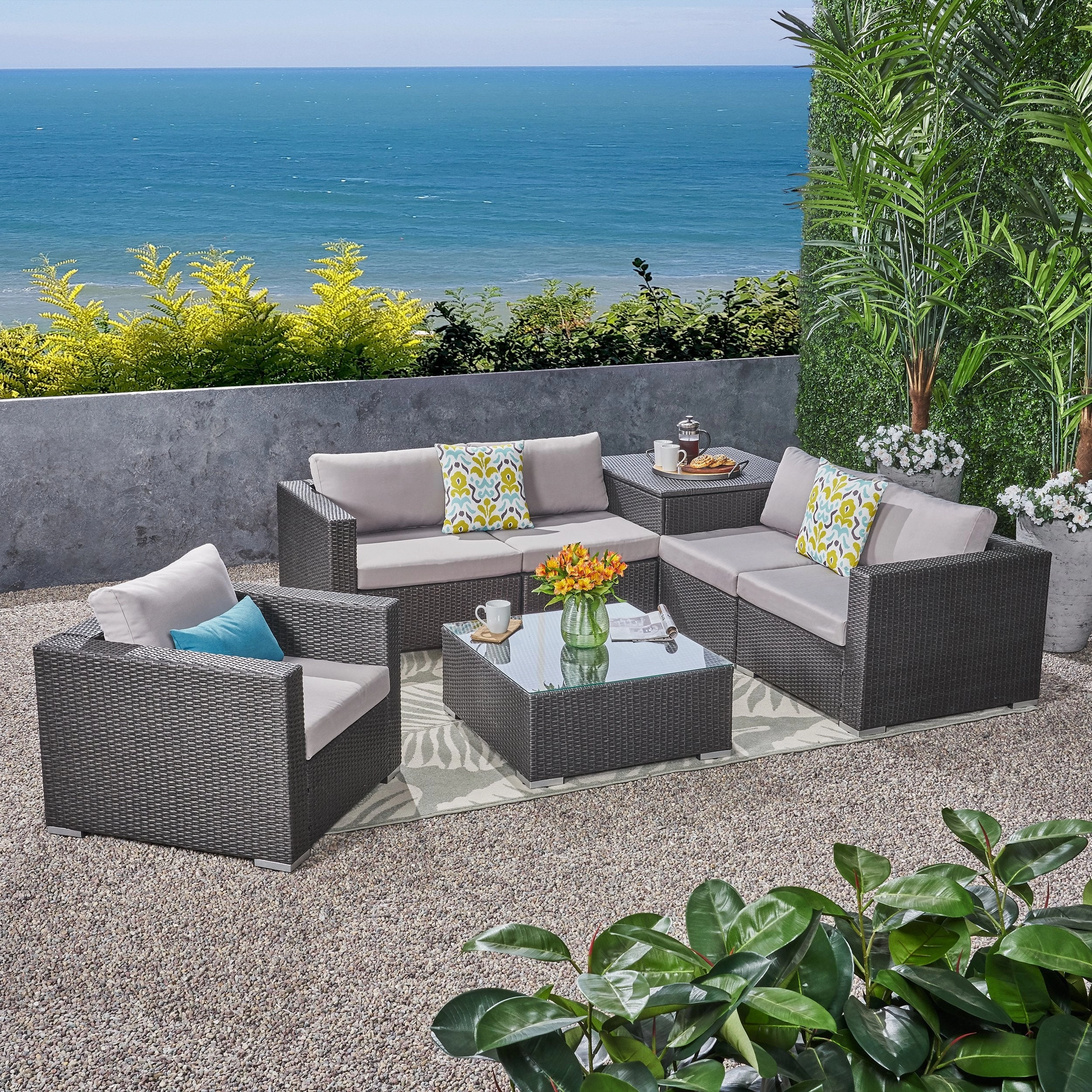 Outdoor 5-Seater Sectional Sofa Set with Club Chair and Storage Ottoman - NH635703 outdoor furniture, garden bench