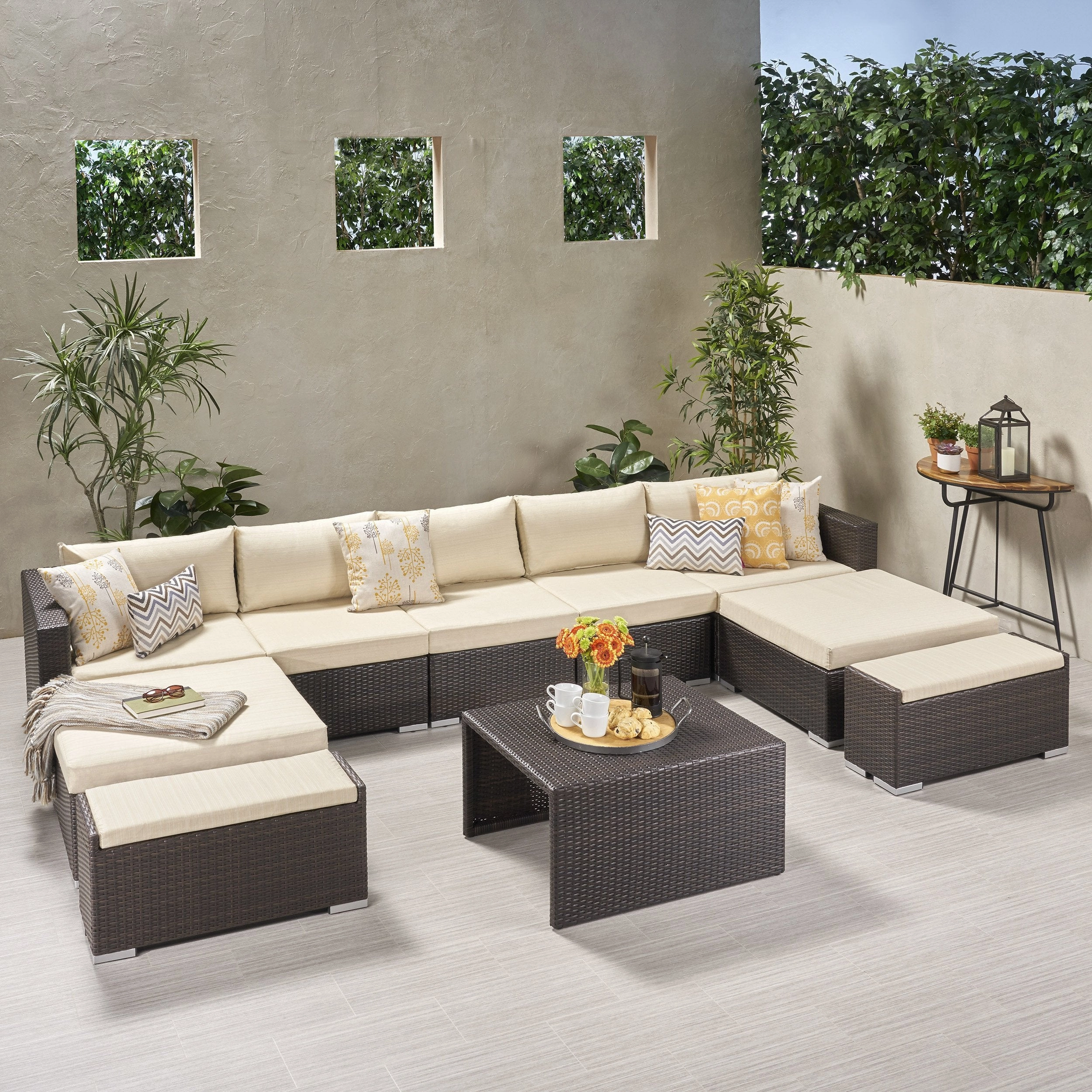 Outdoor 5 Seater U Shaped Wicker Sectional Sofa Set with Ottomans - NH569903 outdoor furniture, garden bench