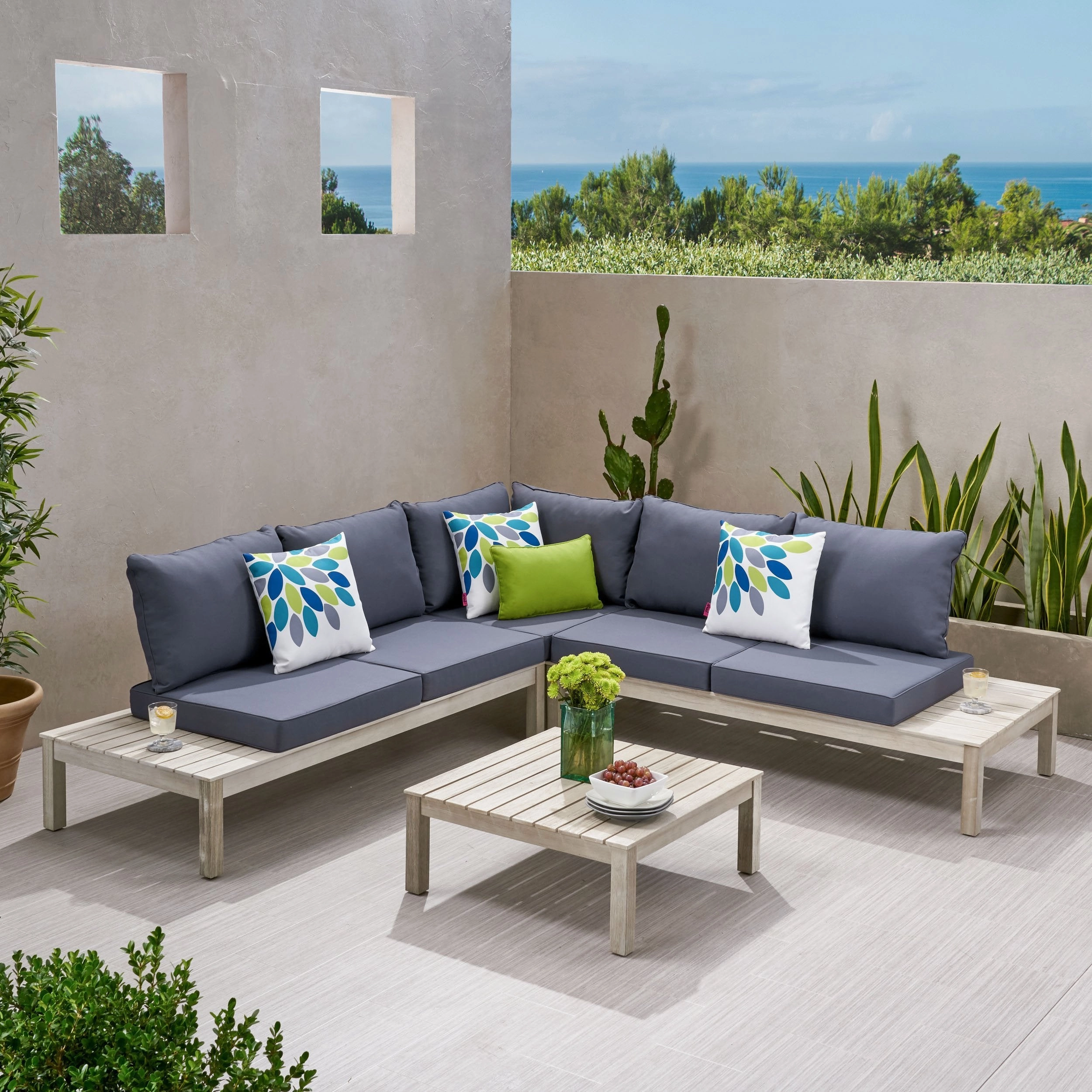 Outdoor 5 Seater V Shaped Acacia Wood Sectional Sofa Set with Cushions - NH623013
