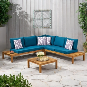 Outdoor 5 Seater V Shaped Acacia Wood Sectional Sofa Set with Cushions - NH623013 outdoor furniture, garden bench