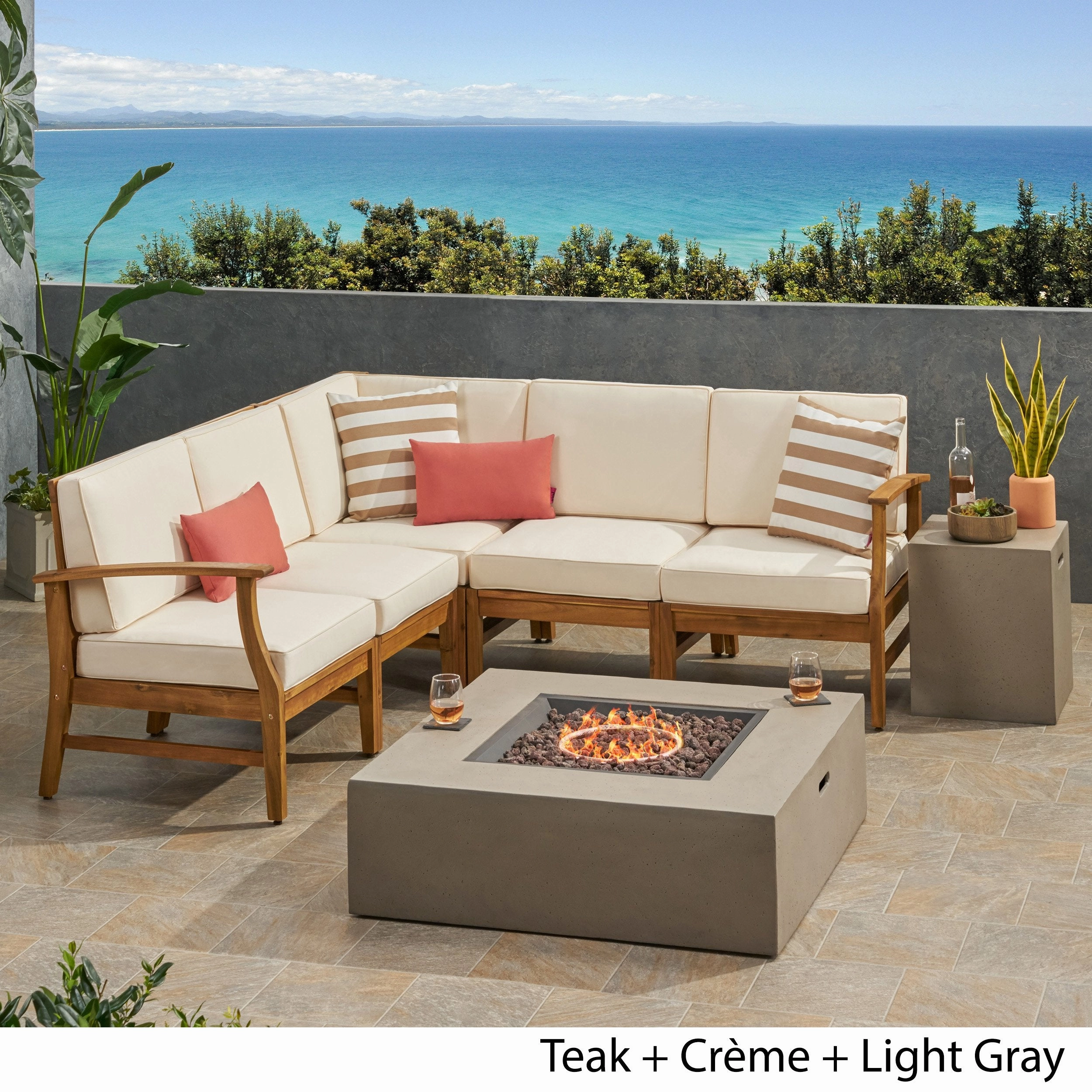 Outdoor 5 Seater V-Shaped Acacia Wood Sofa Set with Square Fire Table and Tank - NH895503