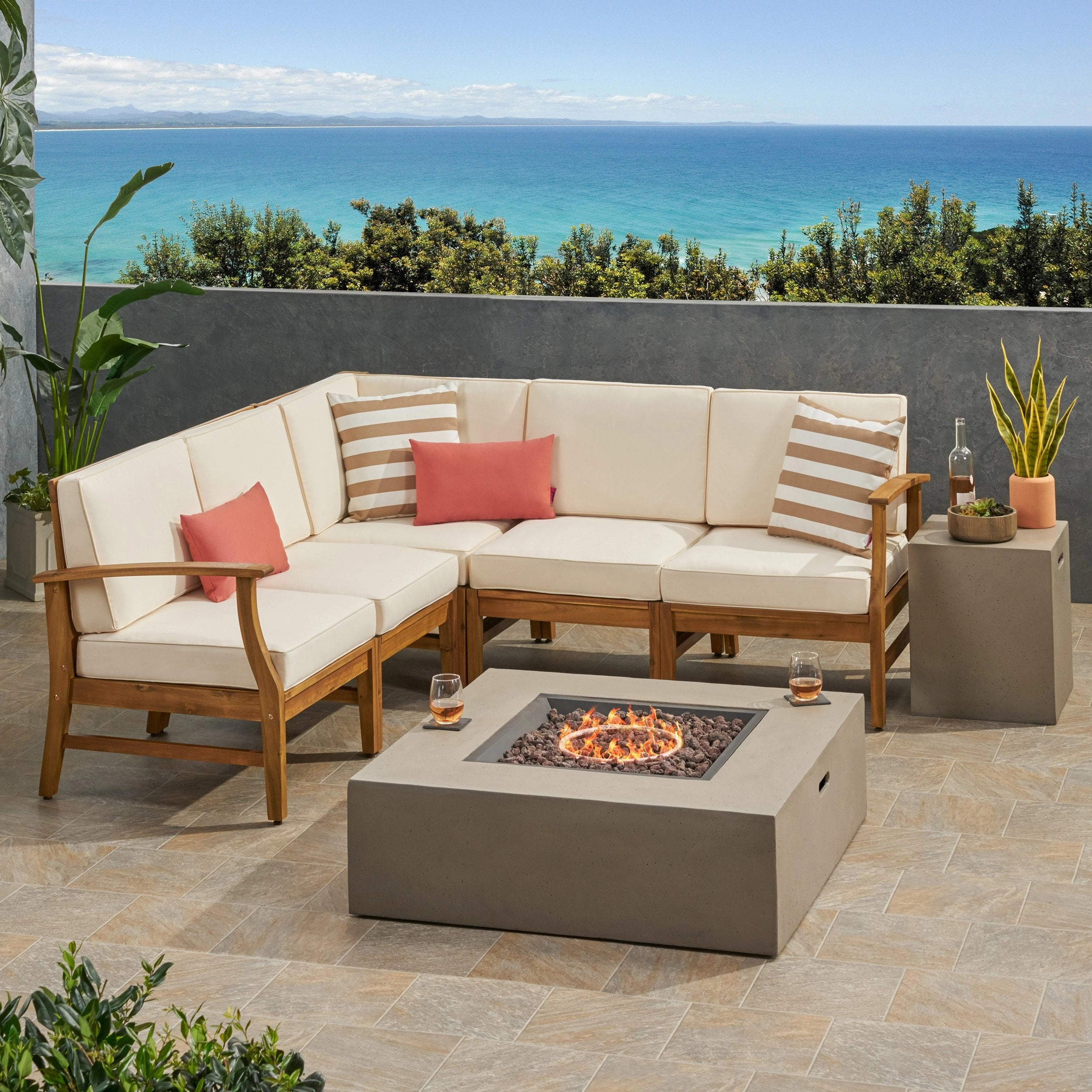 Outdoor 5 Seater V-Shaped Acacia Wood Sofa Set with Square Fire Table and Tank - NH895503 outdoor furniture, garden bench