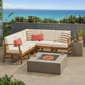 Outdoor 5 Seater V-Shaped Acacia Wood Sofa Set with Square Fire Table and Tank - NH895503 outdoor furniture, garden bench