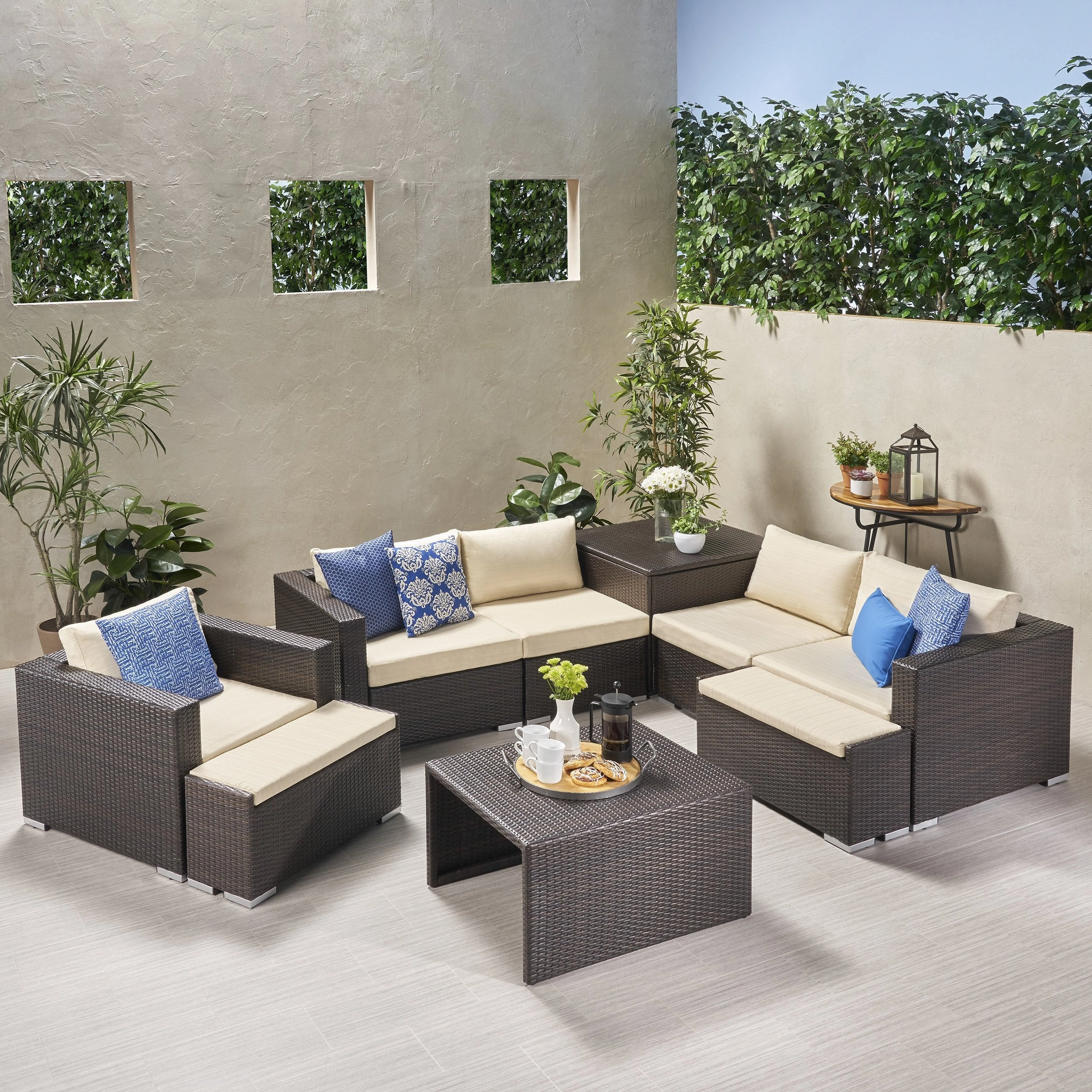 Outdoor 5 Seater V Shaped Wicker Storage Sectional Sofa Set with Ottomans - NH969903 outdoor furniture, garden bench