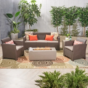 Outdoor 5-Seater Wicker Print Chat Set with Fire Pit and Tank Holder - NH023603 outdoor furniture, garden bench