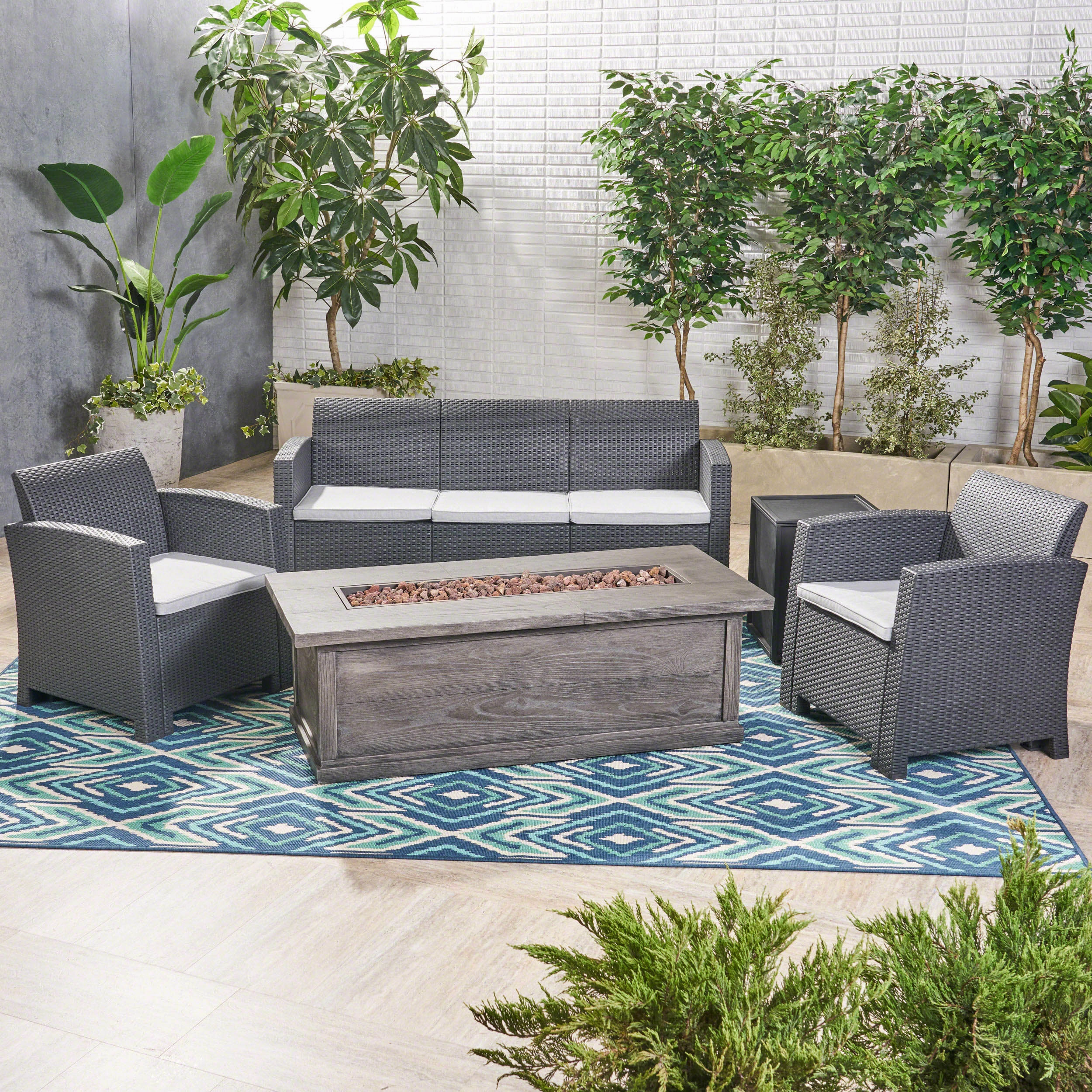 Outdoor 5-Seater Wicker Print Chat Set with Fire Pit and Tank Holder - NH133603