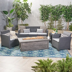 Outdoor 5-Seater Wicker Print Chat Set with Fire Pit and Tank Holder - NH133603 outdoor furniture, garden bench
