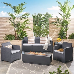 Outdoor 5-Seater Wicker Print Chat Set with Fire Pit and Tank Holder, Charcoal with Light Gray and Dark Gray - NH533603 outdoor furniture, garden bench