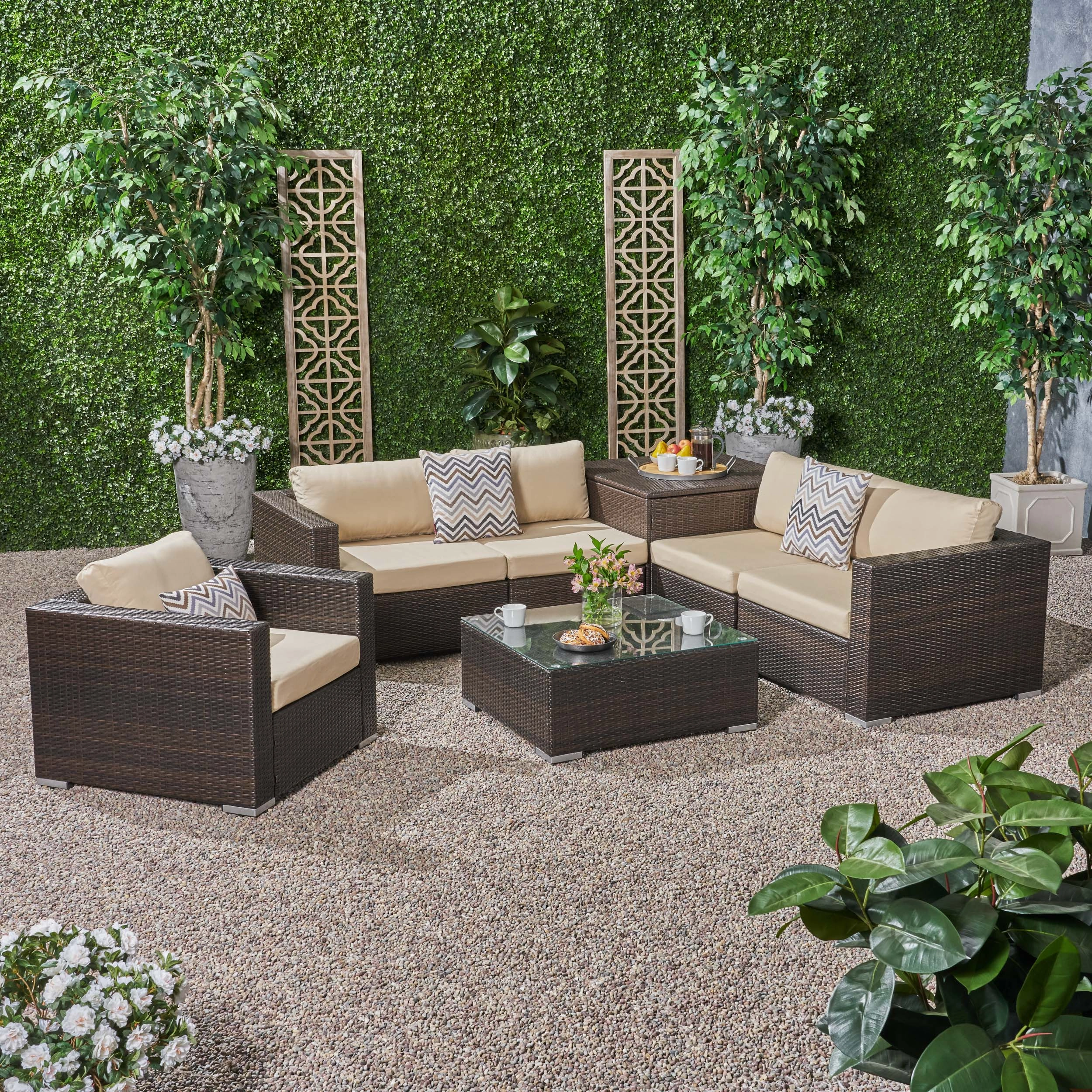 Outdoor 5 Seater Wicker Sectional Sofa Set with Storage Ottoman and Sunbrella Cushions - NH205803 outdoor furniture, garden bench