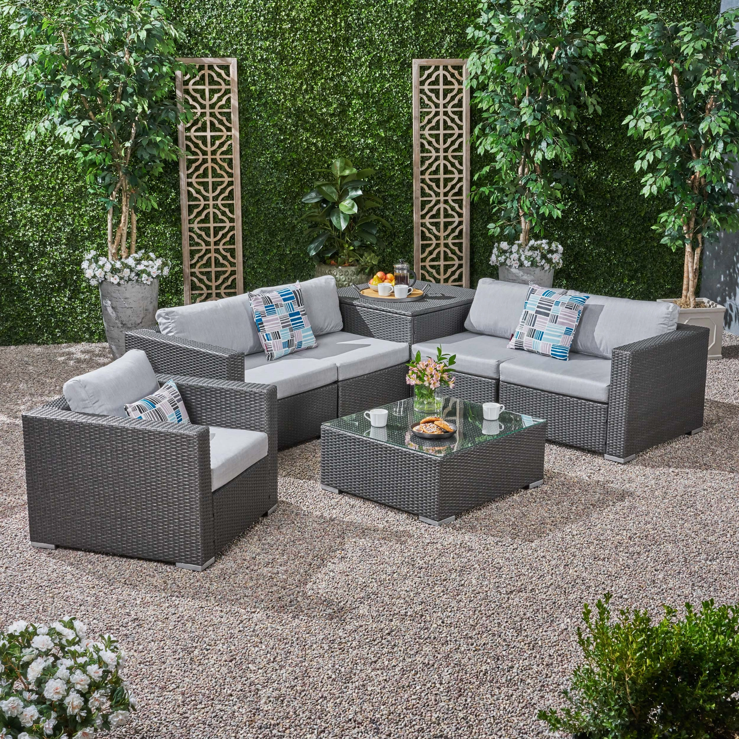 Outdoor 5 Seater Wicker Sectional Sofa Set with Storage Ottoman and Sunbrella Cushions - NH205803