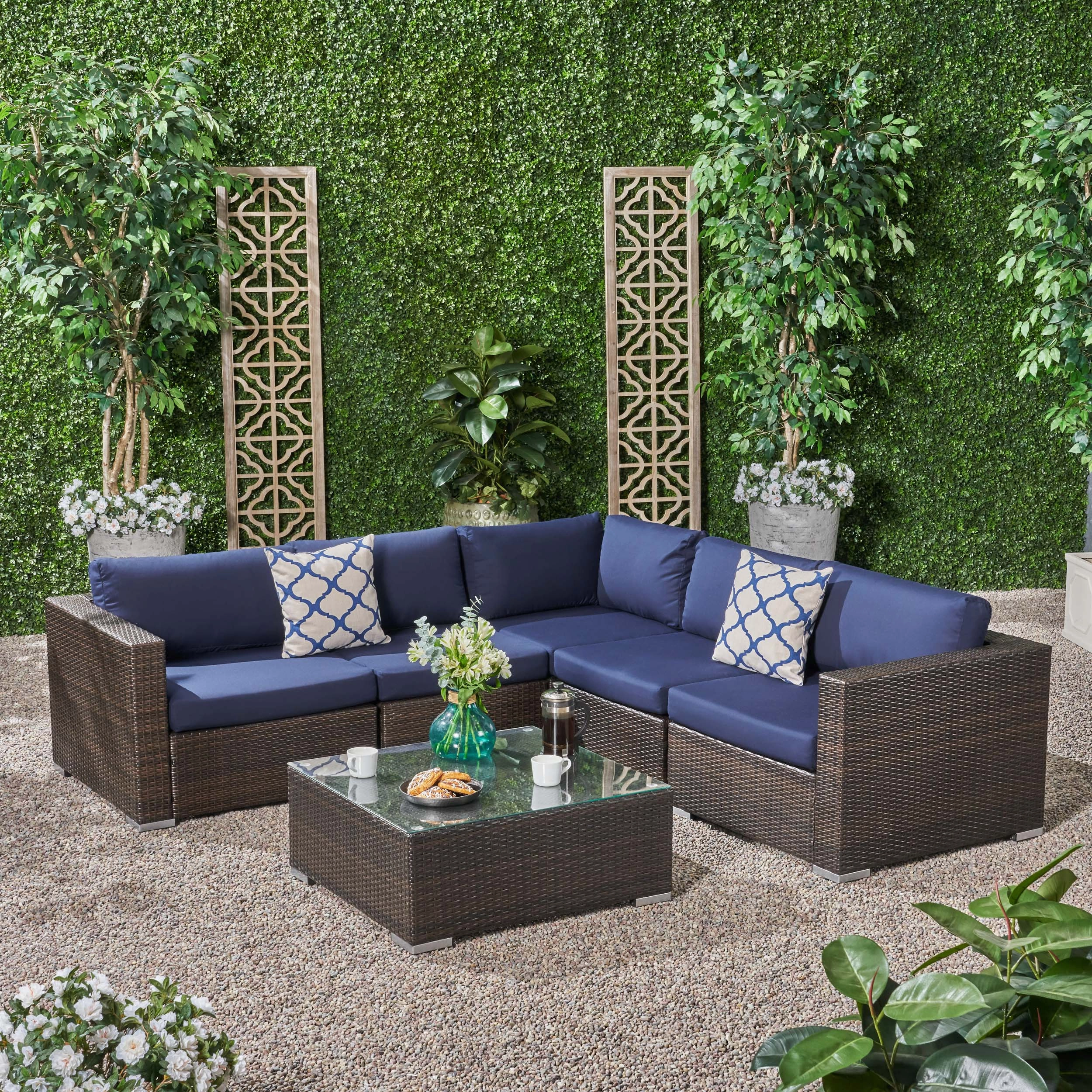 Outdoor 5 Seater Wicker Sectional Sofa Set with Sunbrella Cushions - NH894803