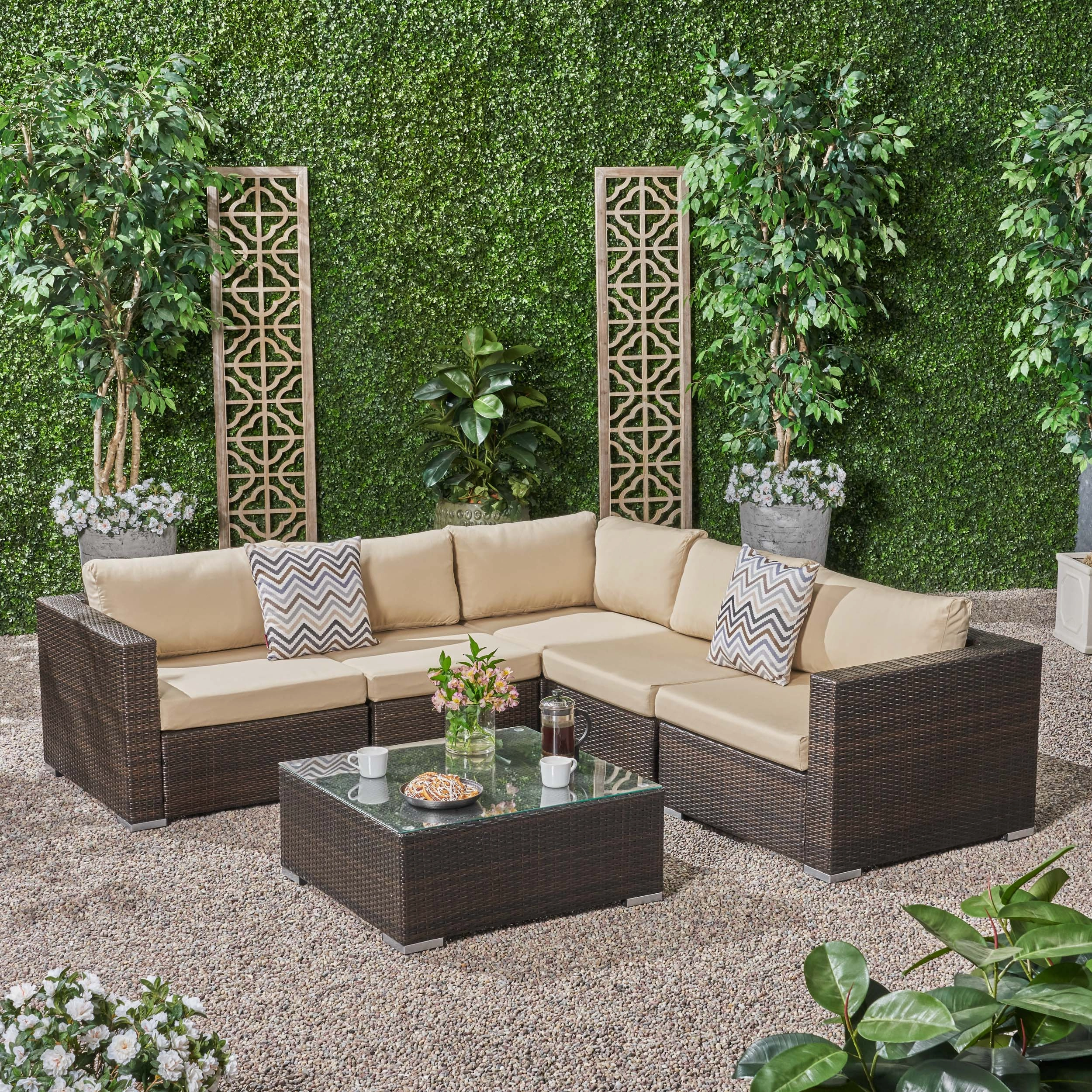 Outdoor 5 Seater Wicker Sectional Sofa Set with Sunbrella Cushions - NH894803 outdoor furniture, garden bench