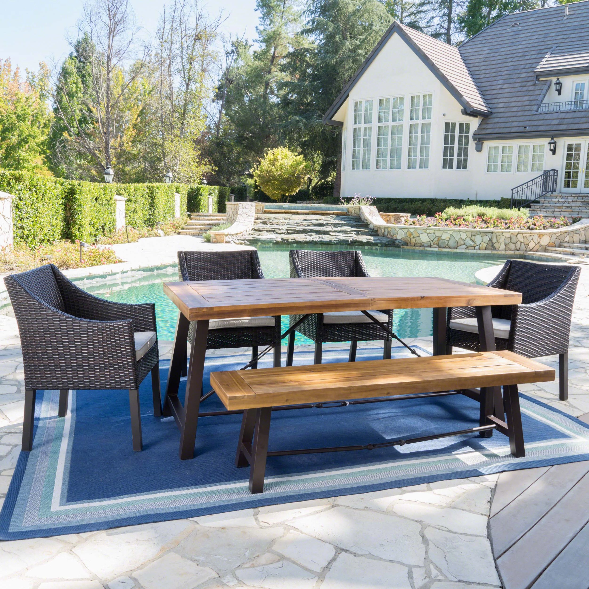 Outdoor 6 Piece Acacia Wood Dining Set with Wicker Dining Chairs - NH265203 outdoor lounge chair, patio sofa